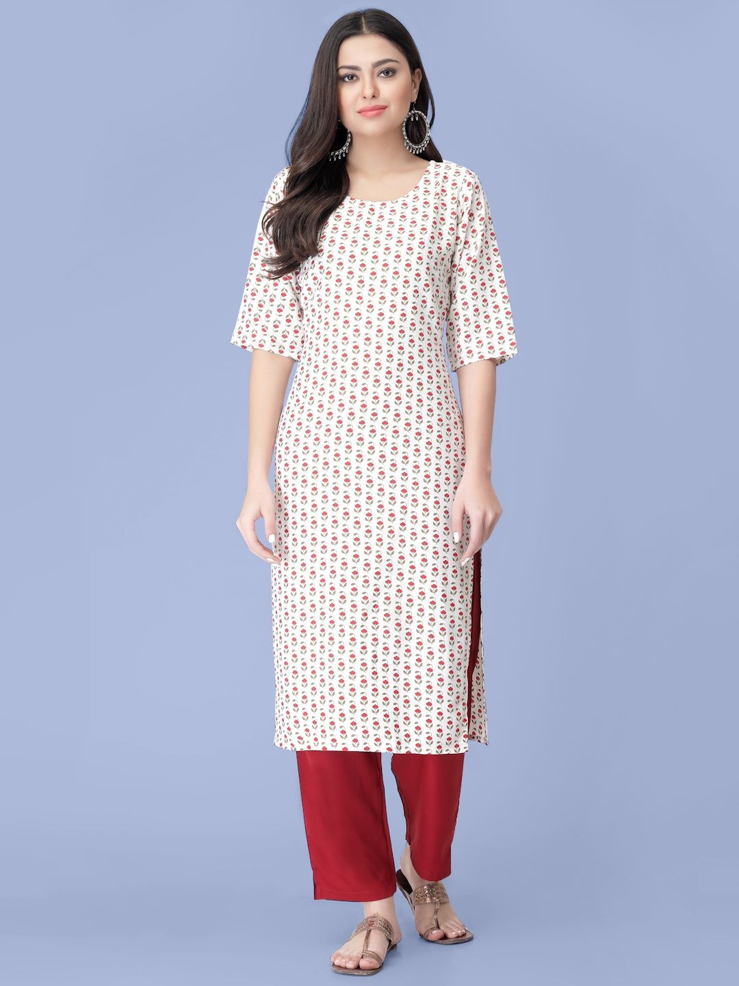 

7Threads Floral Printed Round Neck Straight Kurta With Trousers, White