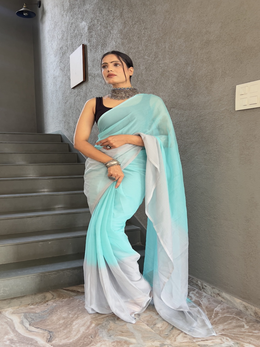 

V3 FASHION STUDIO Ombre Pure Chiffon Ready to Wear Saree, Blue