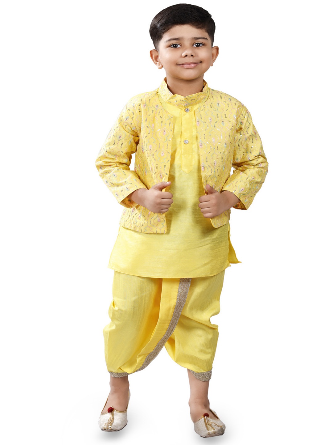 

BAESD Boys Mandarin Collar Kurta with Dhoti Pants & Jacket, Yellow