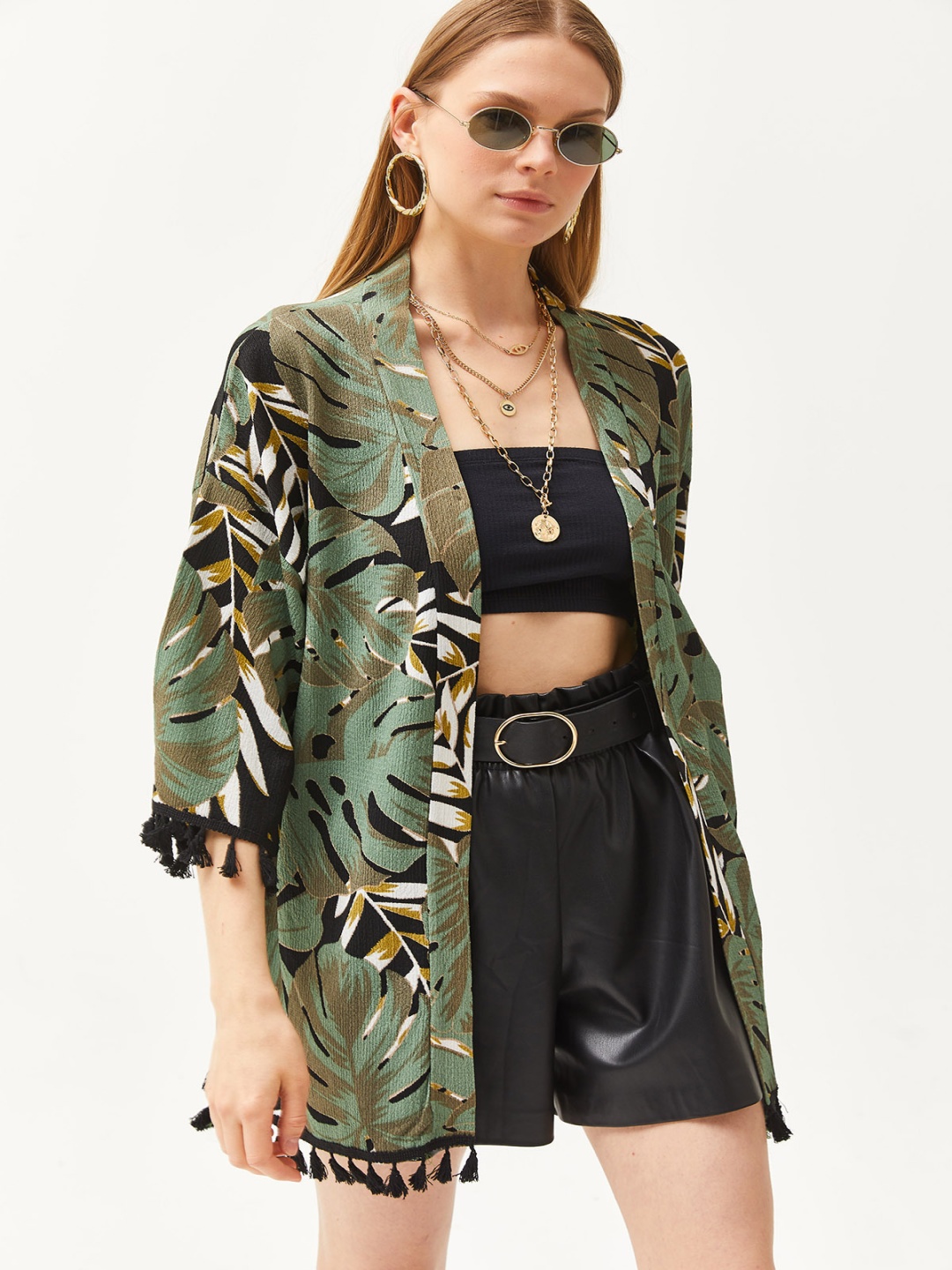 

Olalook Tropical Printed Open Front Shrug, Green