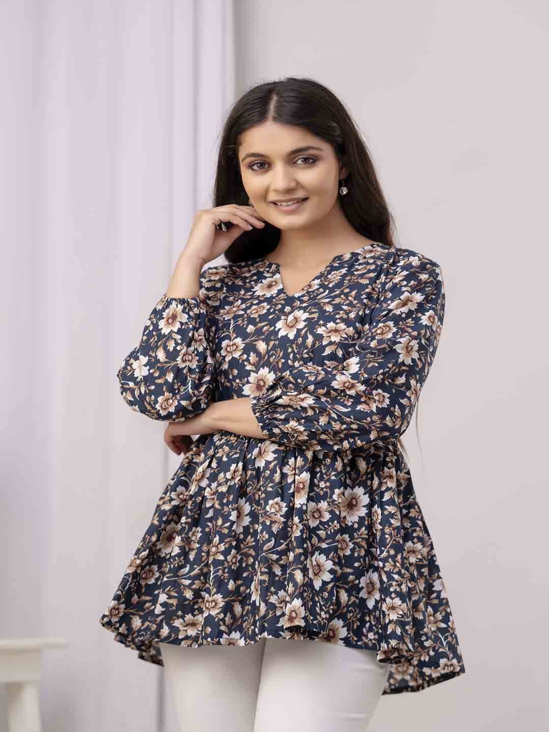 

NISHABD Women Floral Printed Pure Cotton Top, Navy blue