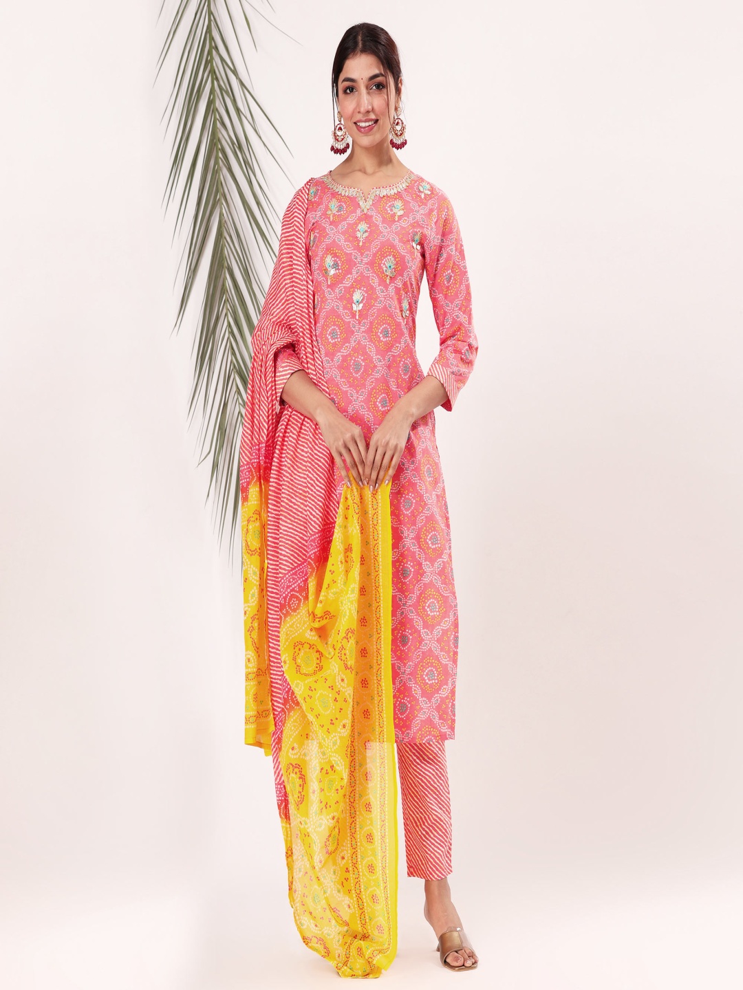 

Peachmode Notched Neck Bandhani Embroidered Pure Cotton Kurta with Trouser & Dupatta, Peach