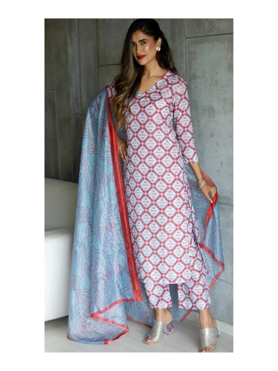 

KALINI Floral Printed Kurta With Trousers & Dupatta, Red
