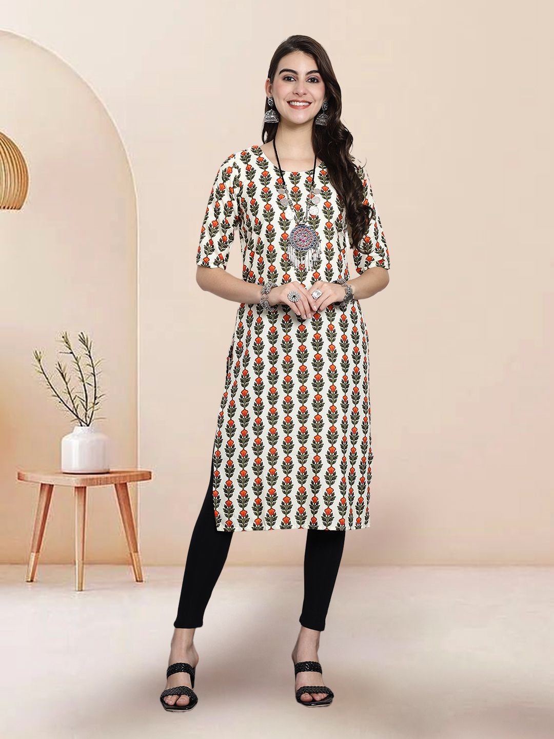 

7Threads Ethnic Motifs Printed Round Neck Straight Kurta, White