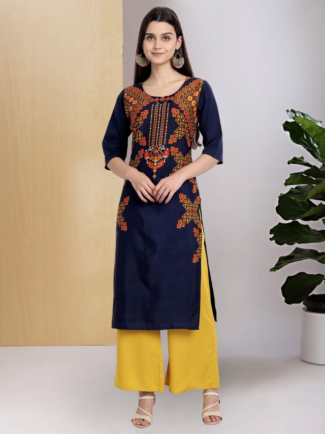 

7Threads Ethnic Motifs Printed Round Neck Straight Kurta, Navy blue