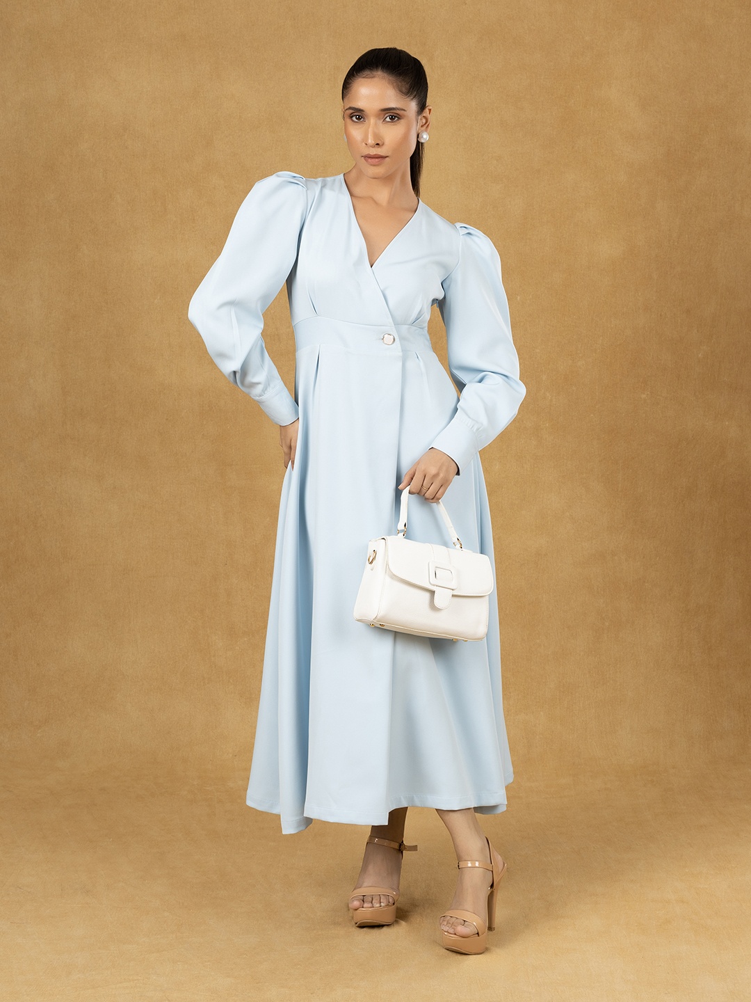 

PowerSutra Women Puff Sleeve Wrap Maxi Dress, Blue
