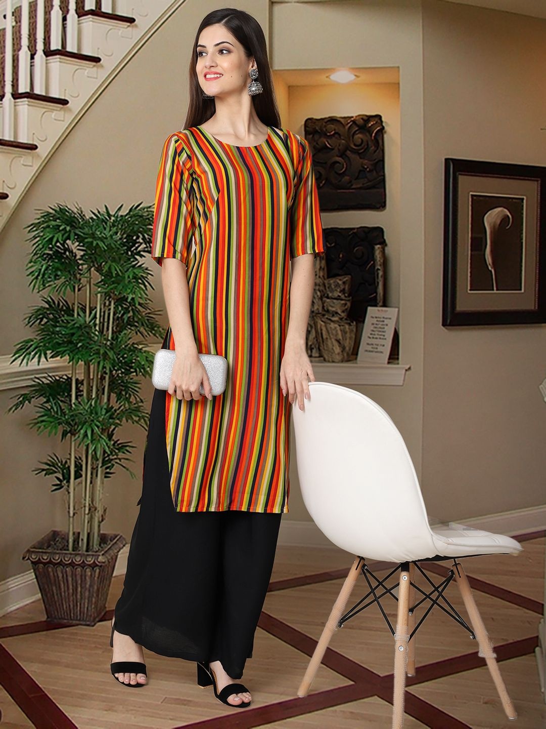 

7Threads Striped Straight Kurta, Green