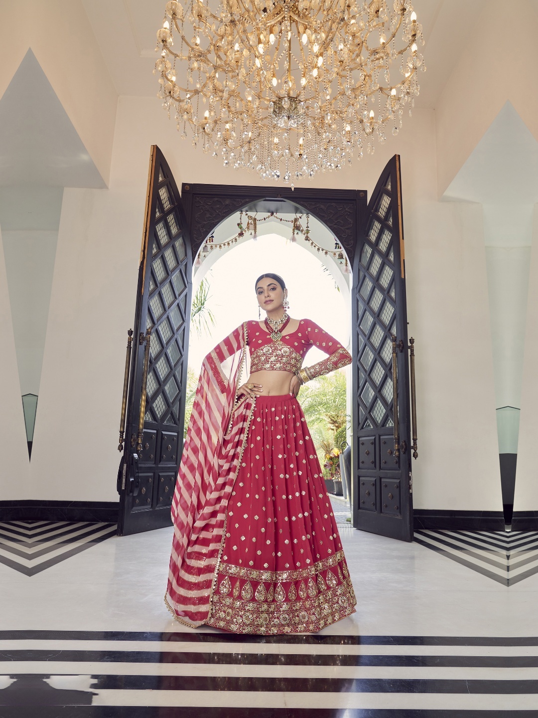 

Fusionic Embroidered Mirror Work Semi-Stitched Lehenga & Unstitched Blouse With Dupatta, Red