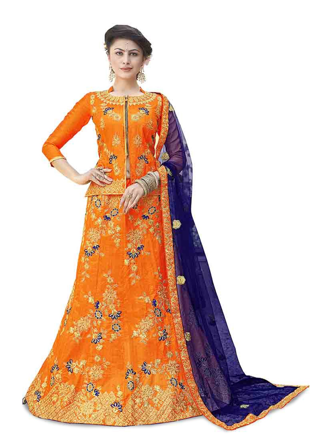 

Maroosh Embroidered Thread Work Unstitched Lehenga & Blouse With Dupatta, Orange