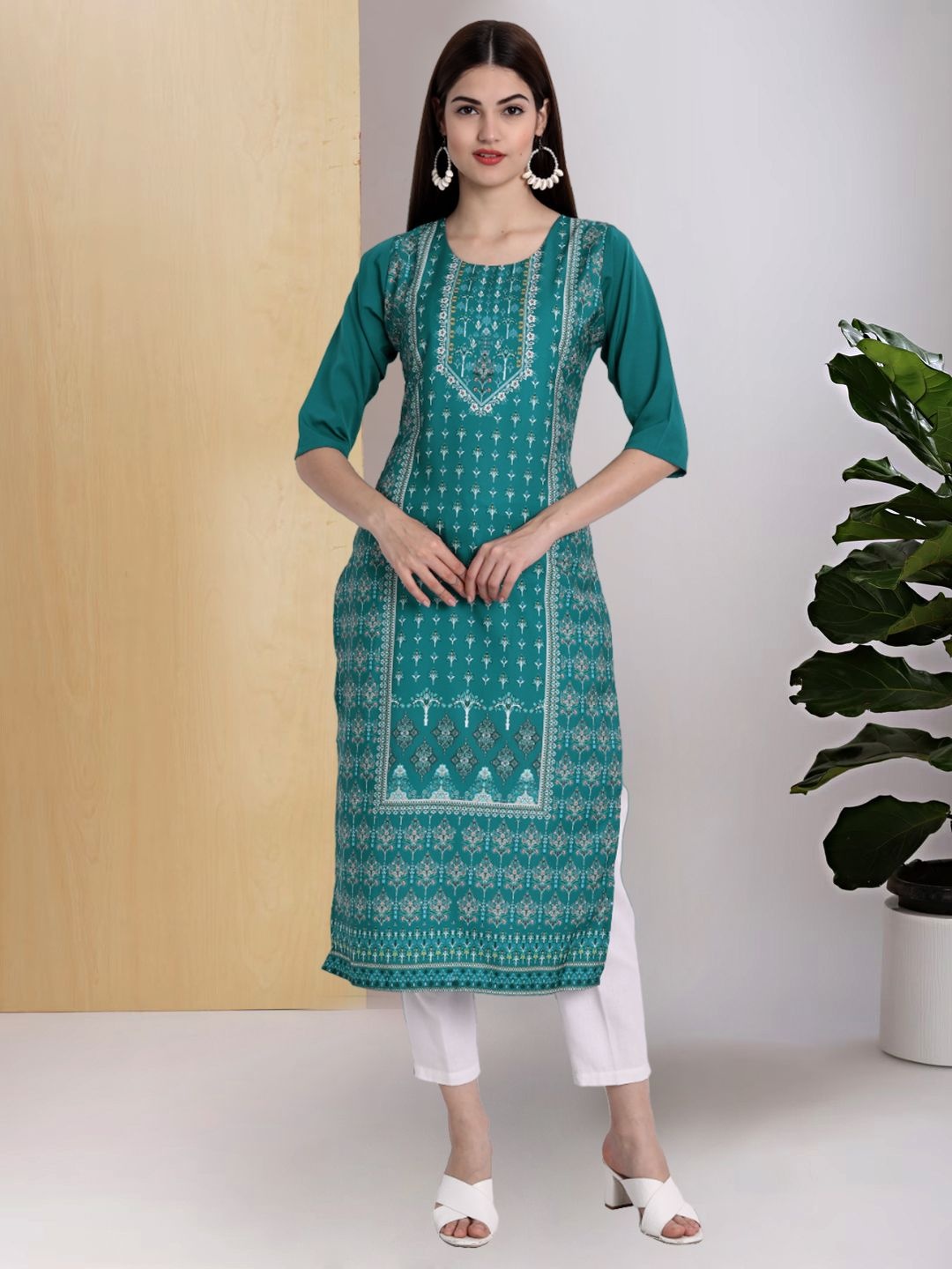 

7Threads Ethnic Motifs Printed Round Neck Straight Crepe Kurta, Blue