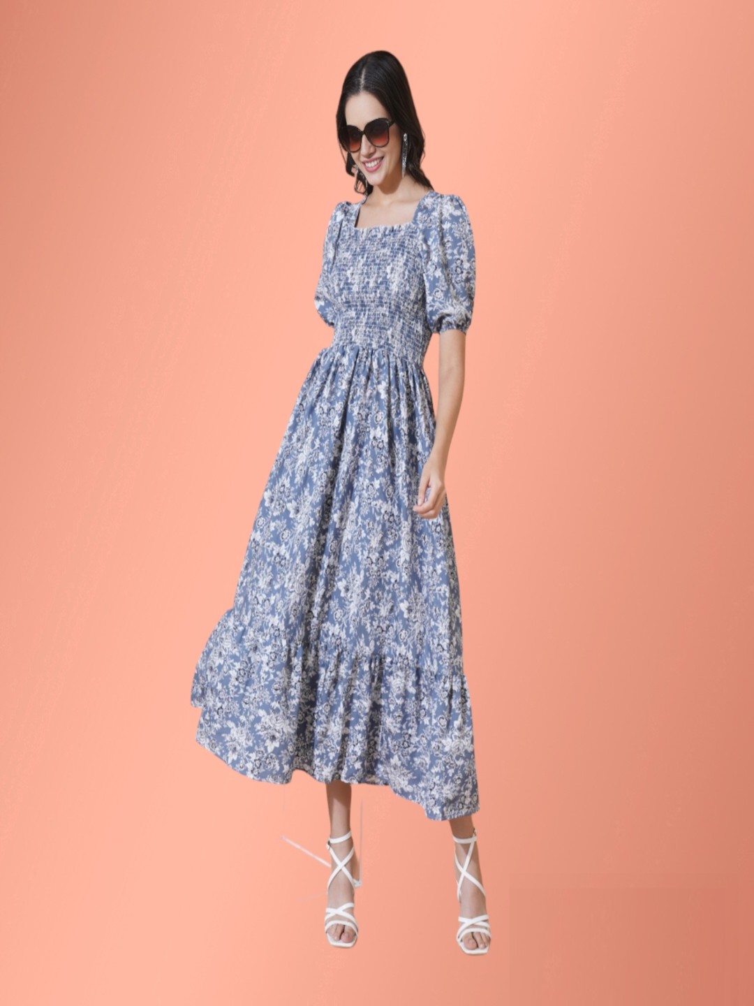 

Krunal Raiyani Women Floral Printed Fit & Flare Midi Dress, Blue