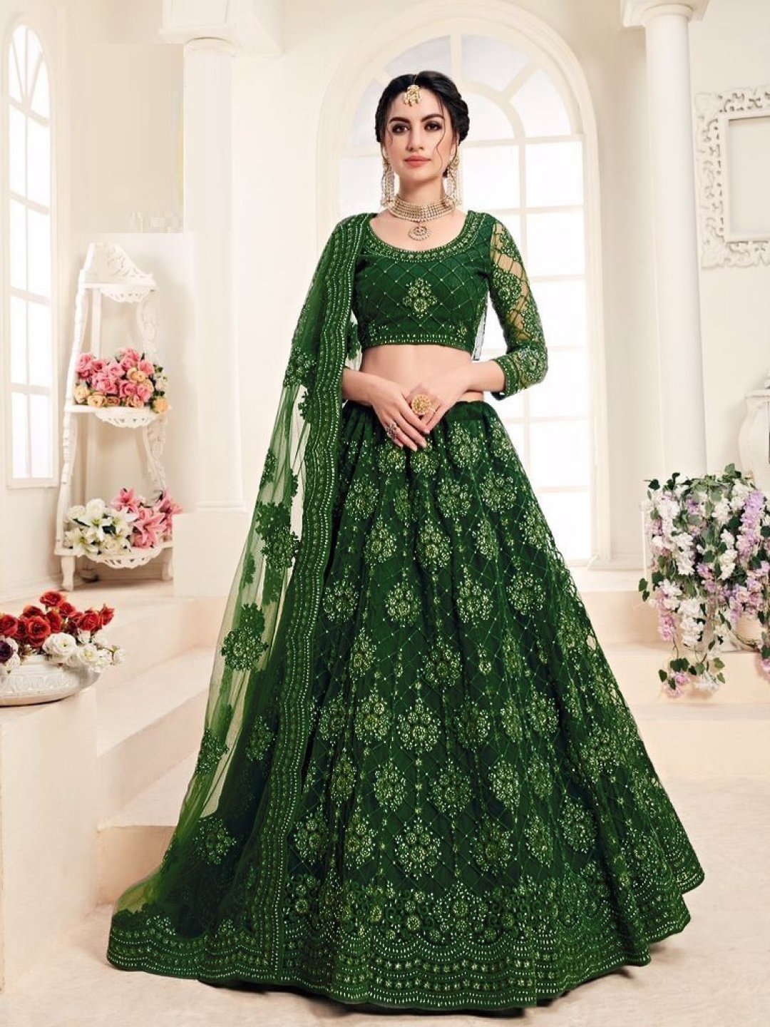 

Cute fellow Floral Embroidered Semi-Stitched Lehenga & Unstitched Blouse With Dupatta, Green