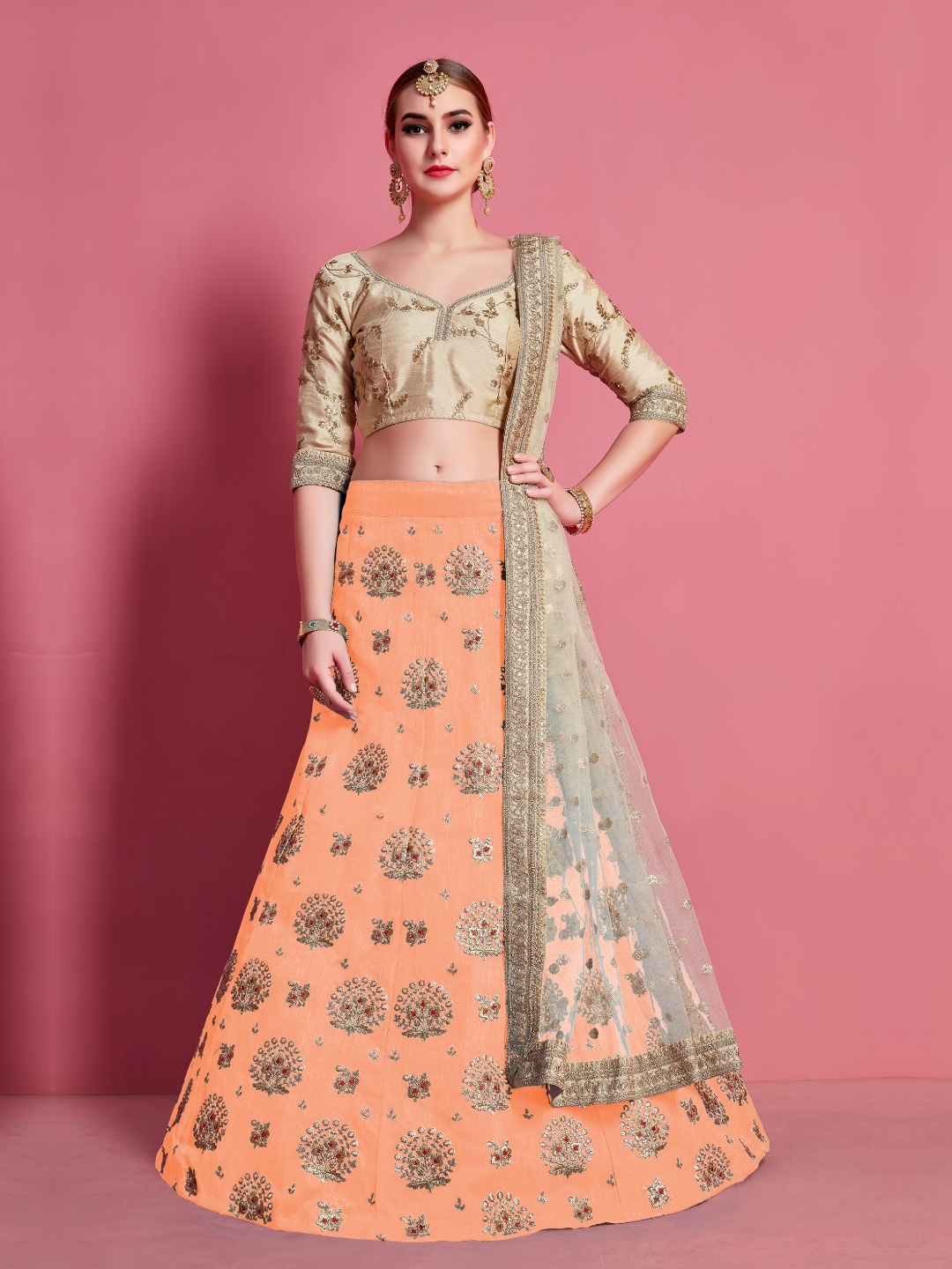 

Fusionic Embroidered Thread Work Semi-Stitched Lehenga & Unstitched Blouse With Dupatta, Orange