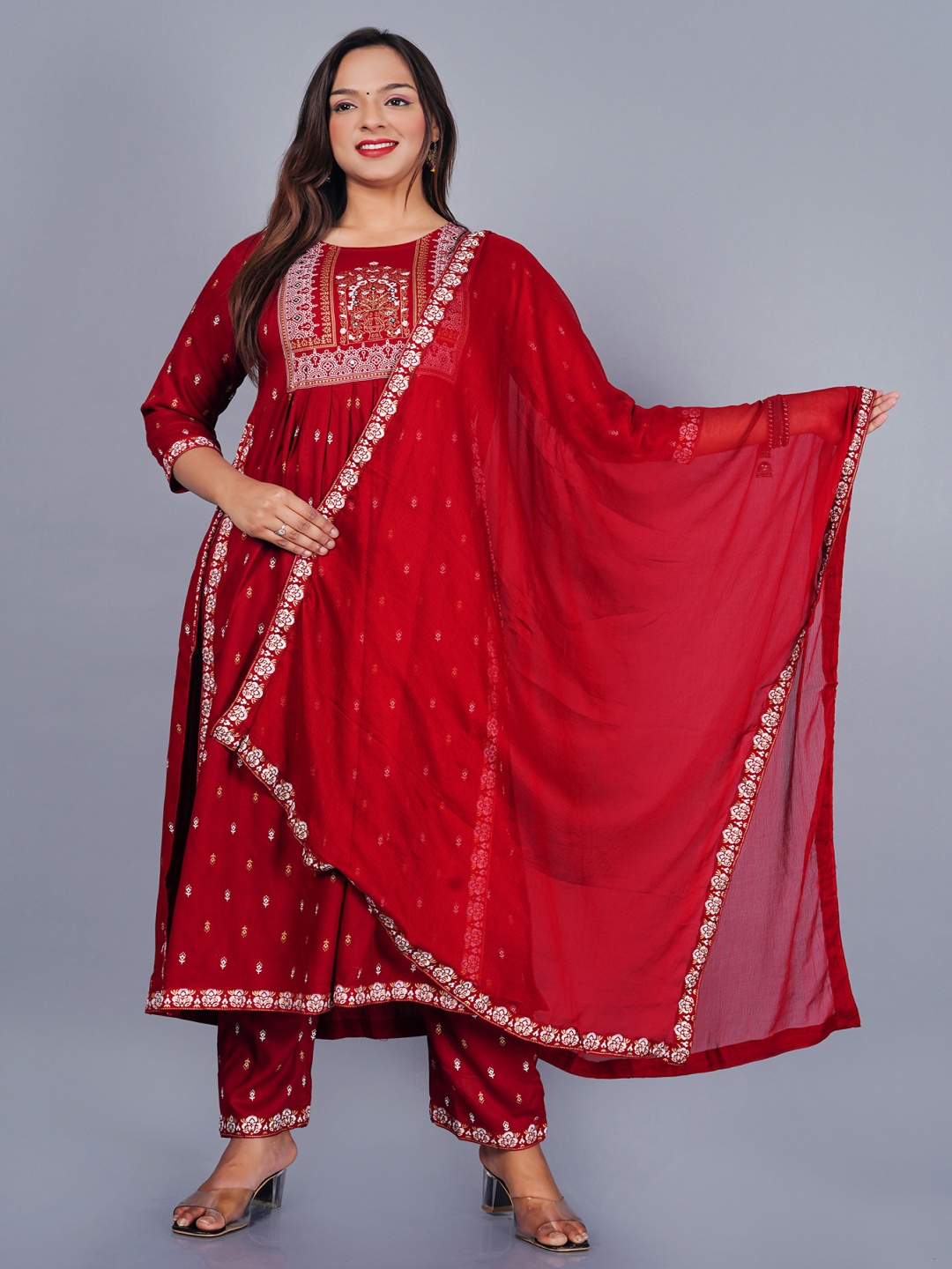 

ASHRU Printed Regular Mirror Work Kurta With Trousers & Dupatta, Maroon