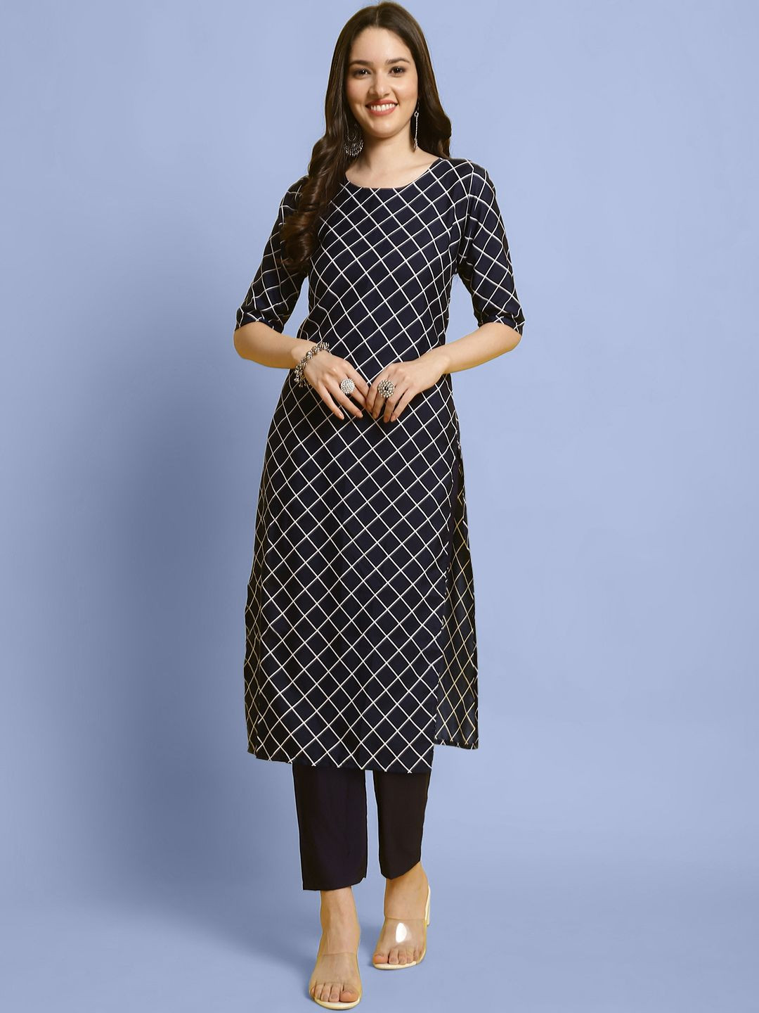 

7Threads Checked Printed Round Neck Straight Kurta With Trouser, Black