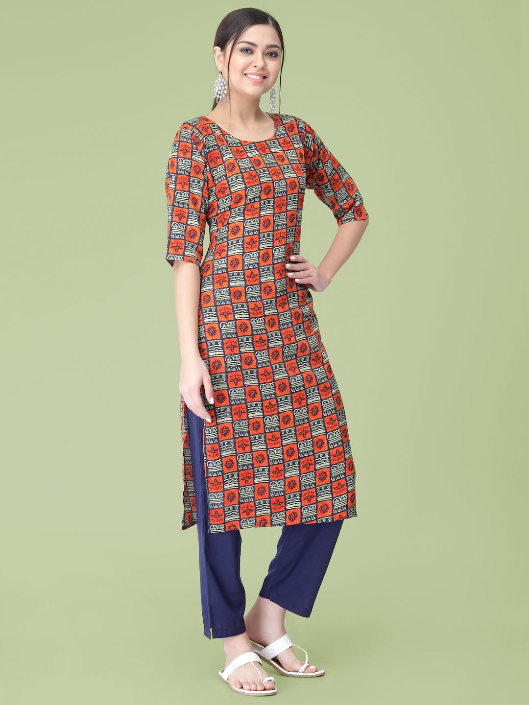 

7Threads Ethnic Motifs Printed Sraight Kurta With Trousers, Orange