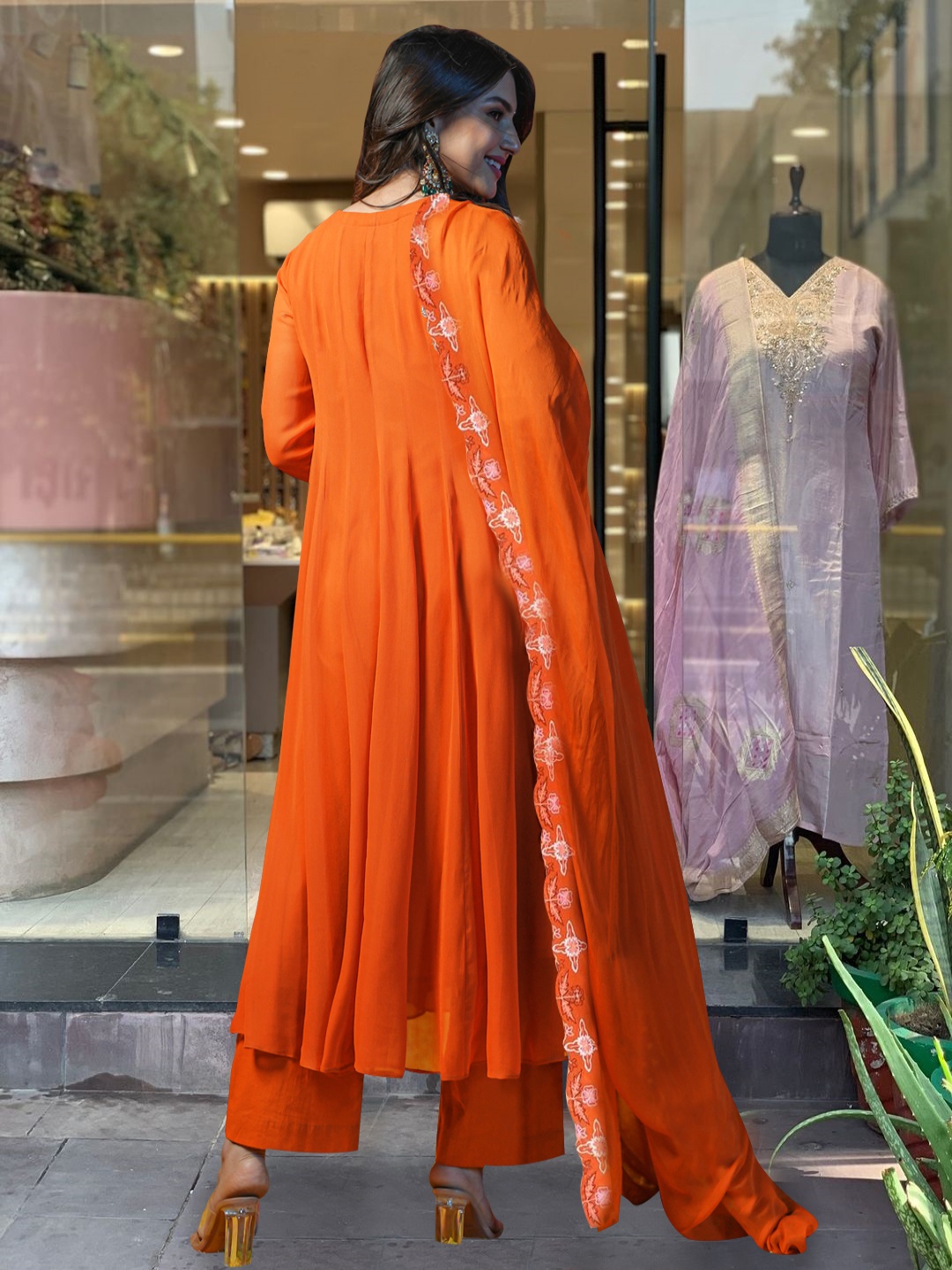 

KALINI Ethnic Motifs Embroidered Pleated Kurta With Trousers & Dupatta, Orange