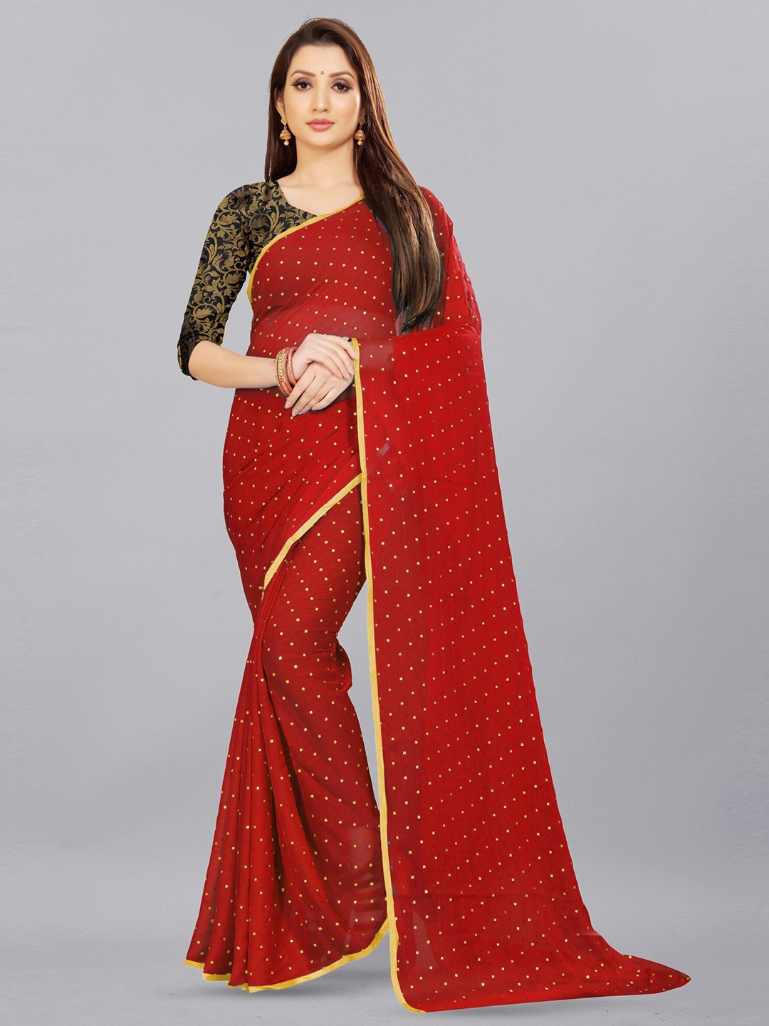 

Aardiva Embellished Pure Chiffon Saree, Red