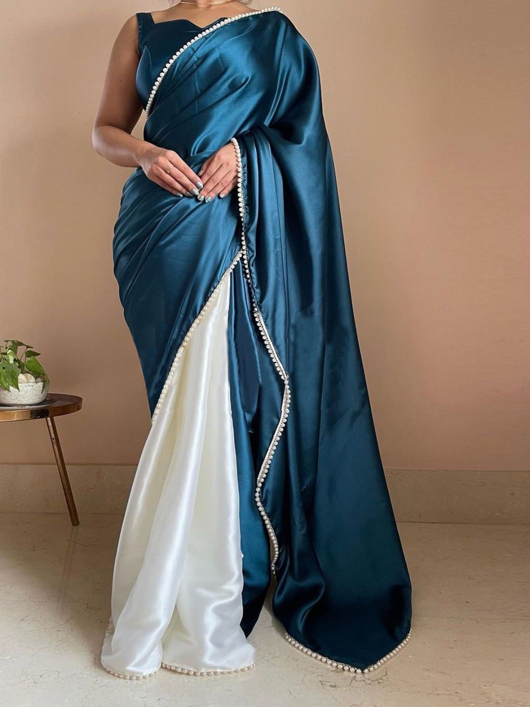 

Aika Solid Satin Half and Half Saree, Teal