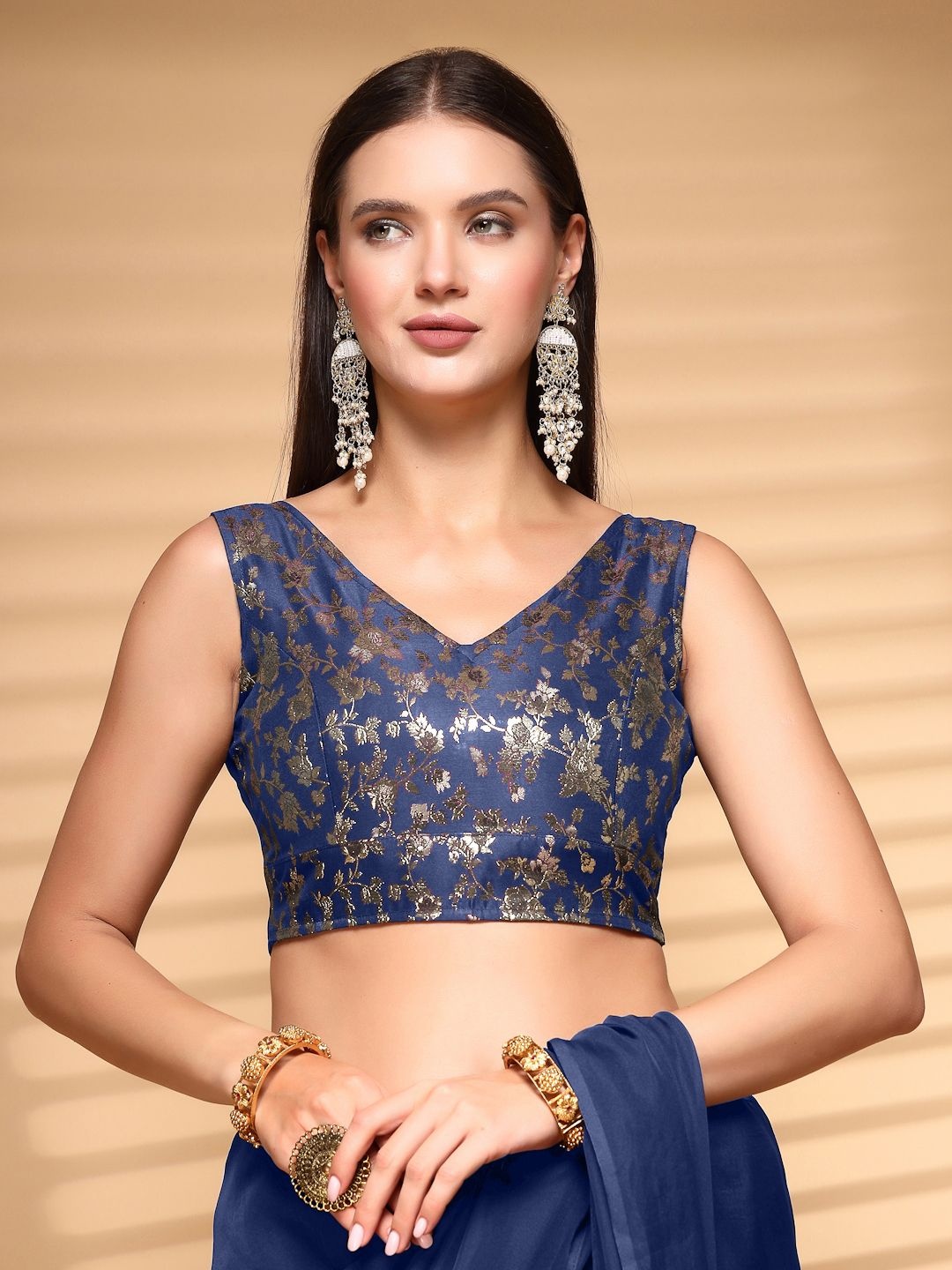 

Oomph! Non Padded V Neck Saree Blouse, Blue
