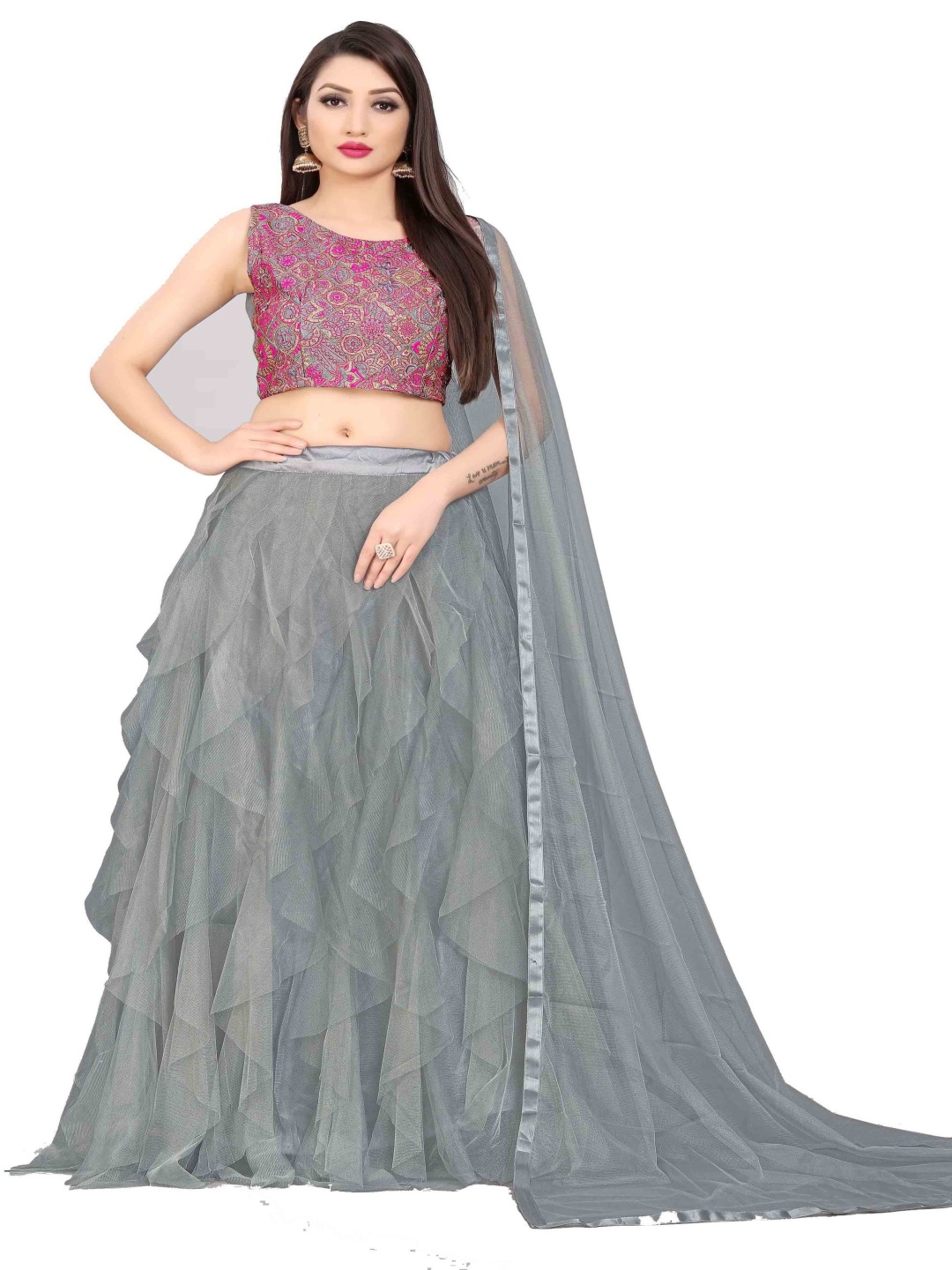 

Fabcartz Embroidered Thread Work Semi-Stitched Lehenga & Unstitched Blouse With Dupatta, Grey