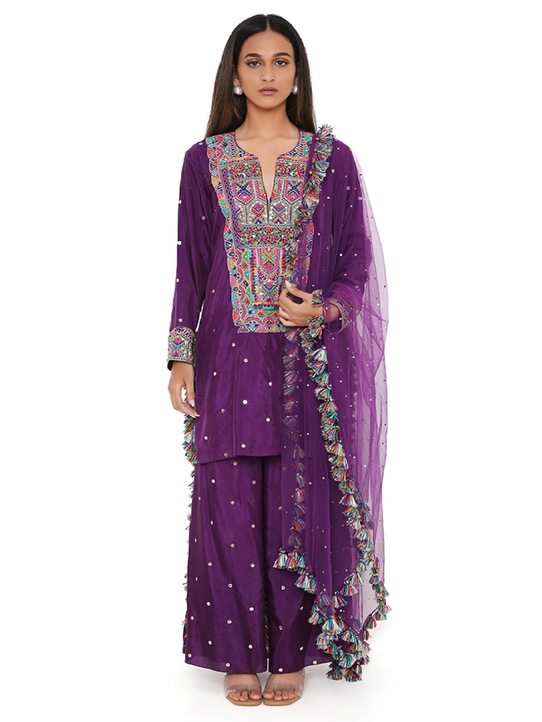 

Payal Singhal Embroidered Yoke Design Notch Neck Kurta with Palazzos & Dupatta, Purple