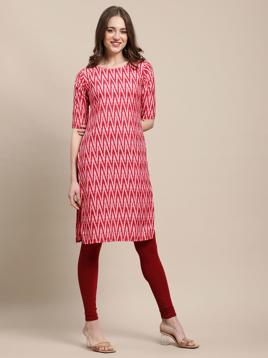 

7Threads Selection of 4 Chevron Printed Crepe Straight Kurtas, Red