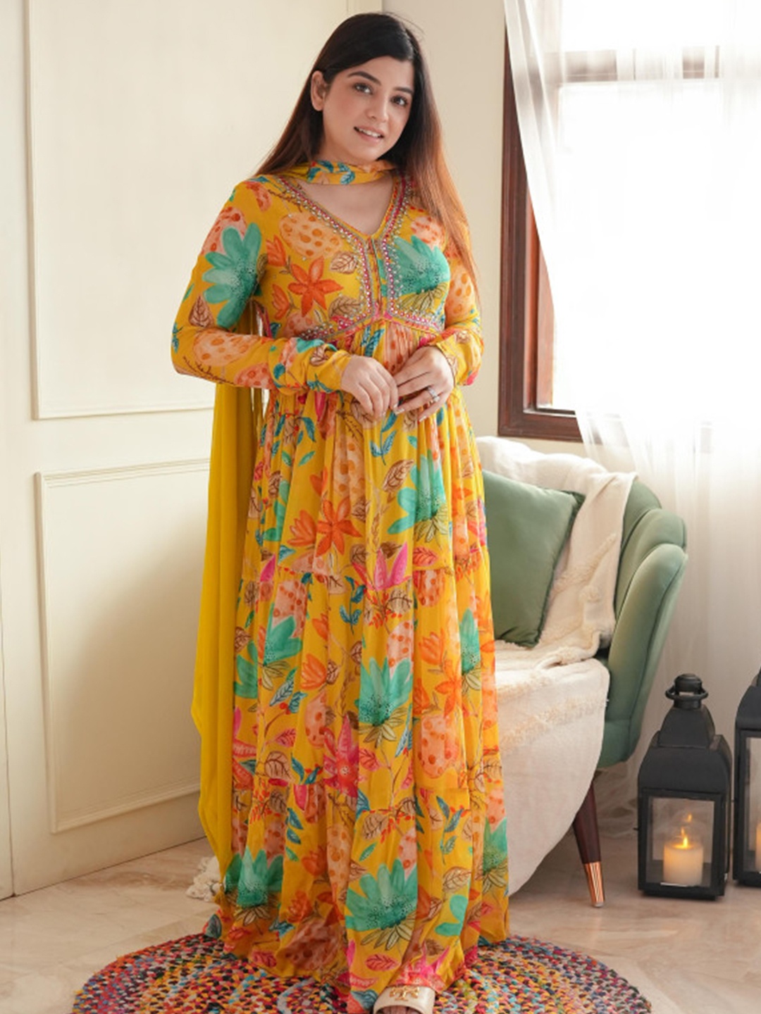 

KALINI Fit & Flared Maxi Gown With Dupatta Set, Mustard