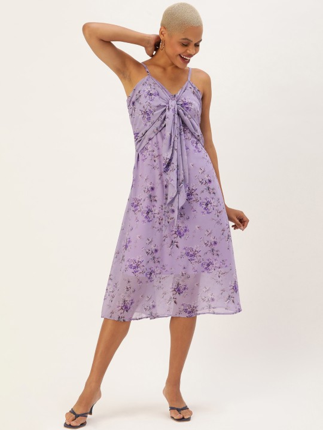 

MELOSO Floral Print Tie-Up Neck Georgette Fit & Flare Maxi Dress, Lavender