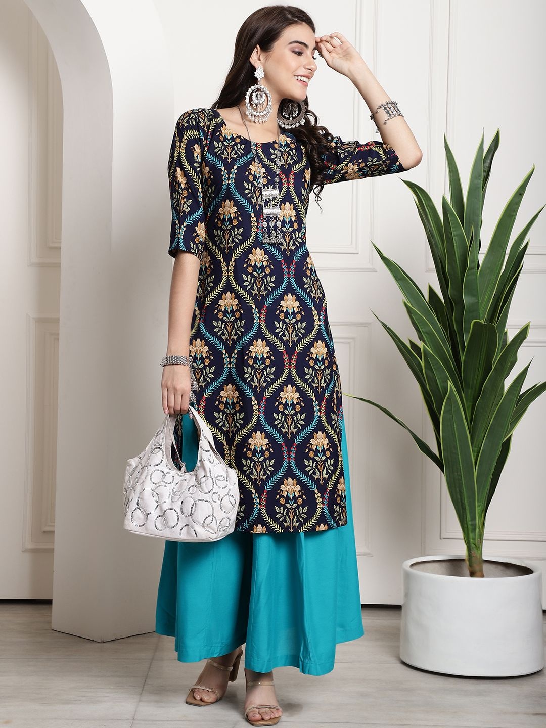 

7Threads Selection Of 6 Ethnic Motifs Printed Round Neck Straight Kurtas, Navy blue