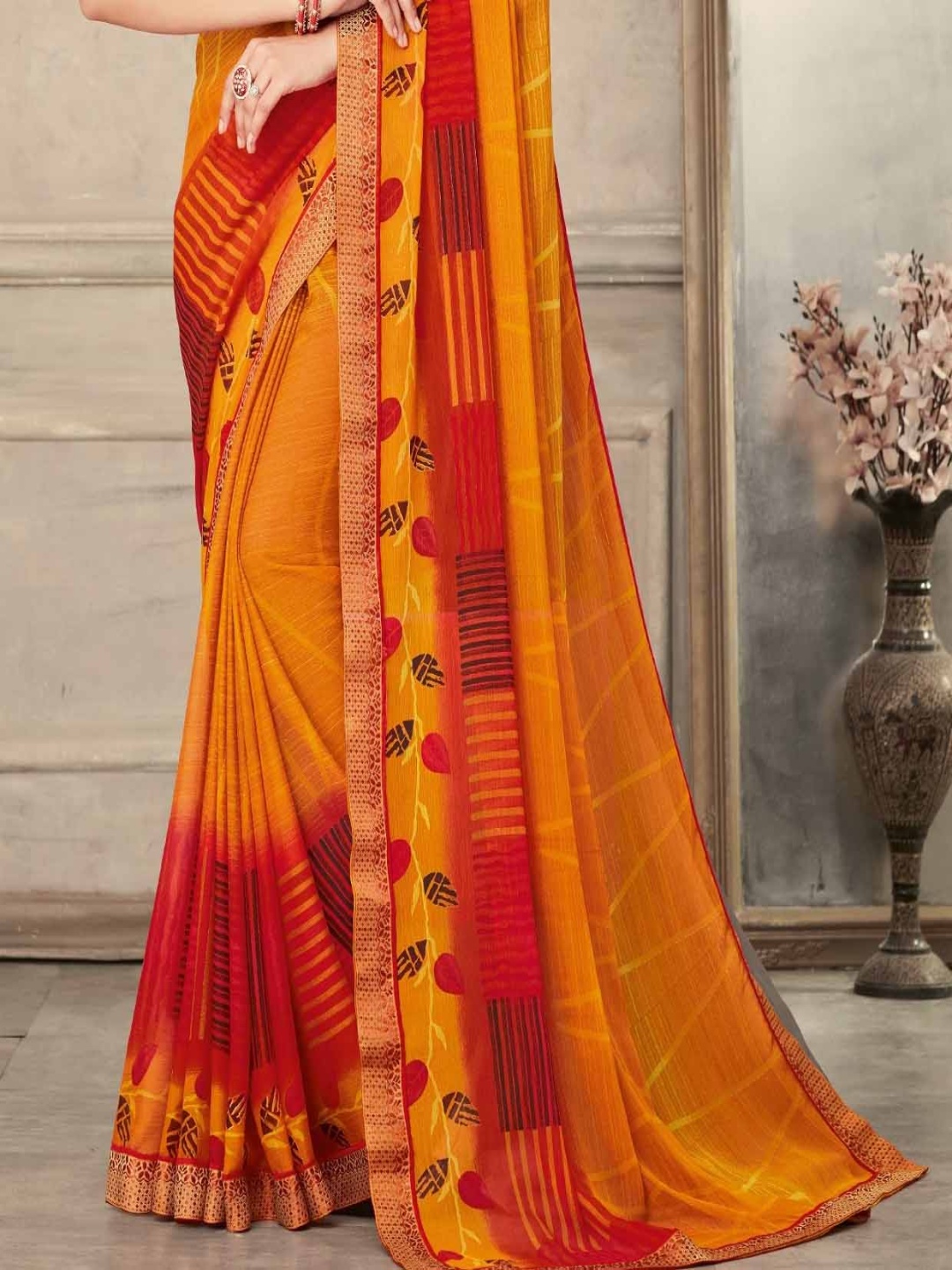 

Reboot Fashions Printed Pure Chiffon Saree, Mustard