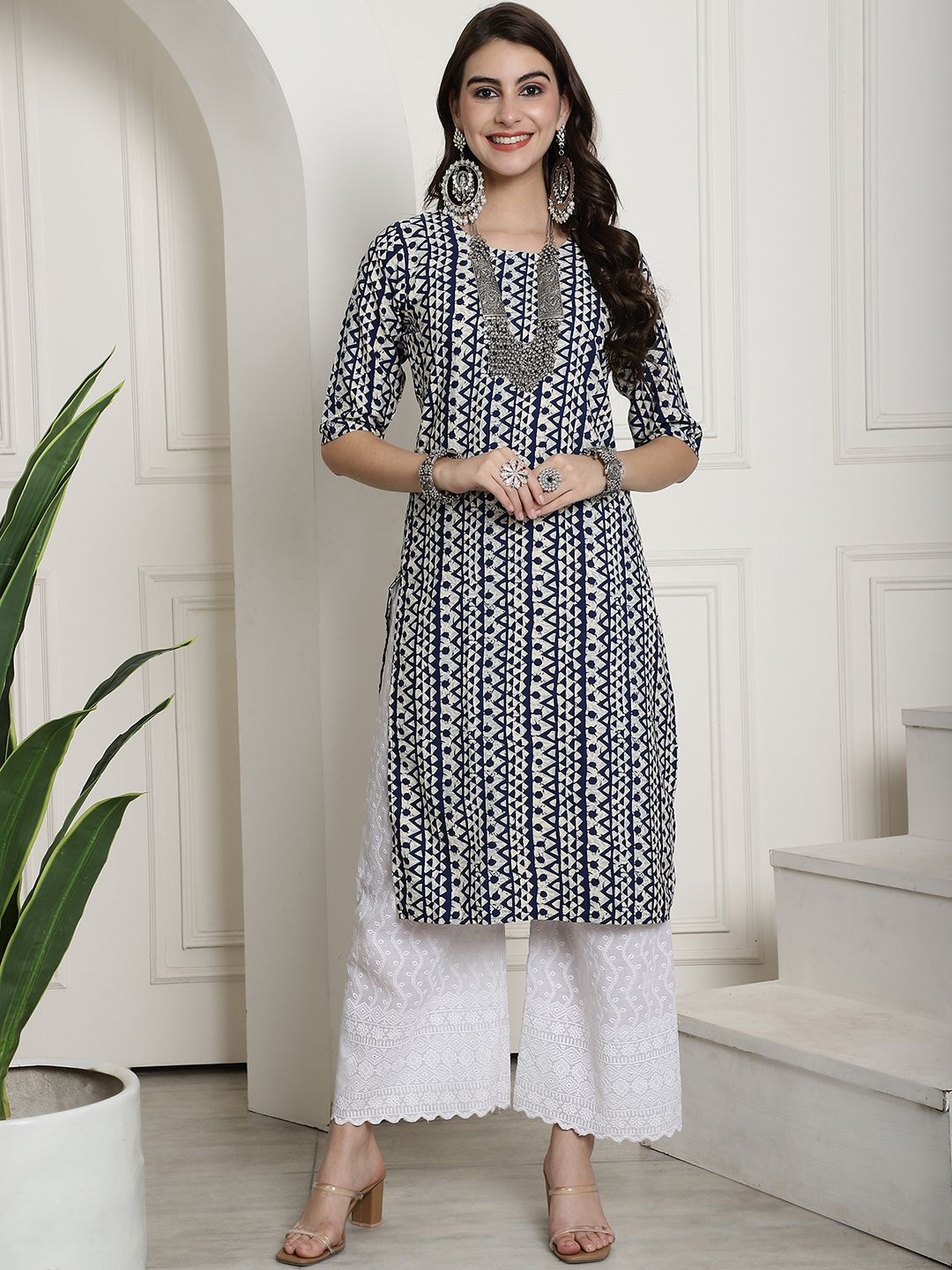 

7Threads Selection Of 6 Ethnic Motifs Printed Crepe Straight Kurtas, White