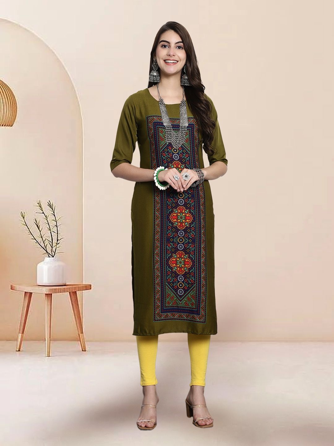 

7Threads Ethnic Motifs Printed Round Neck Straight Kurta, Olive