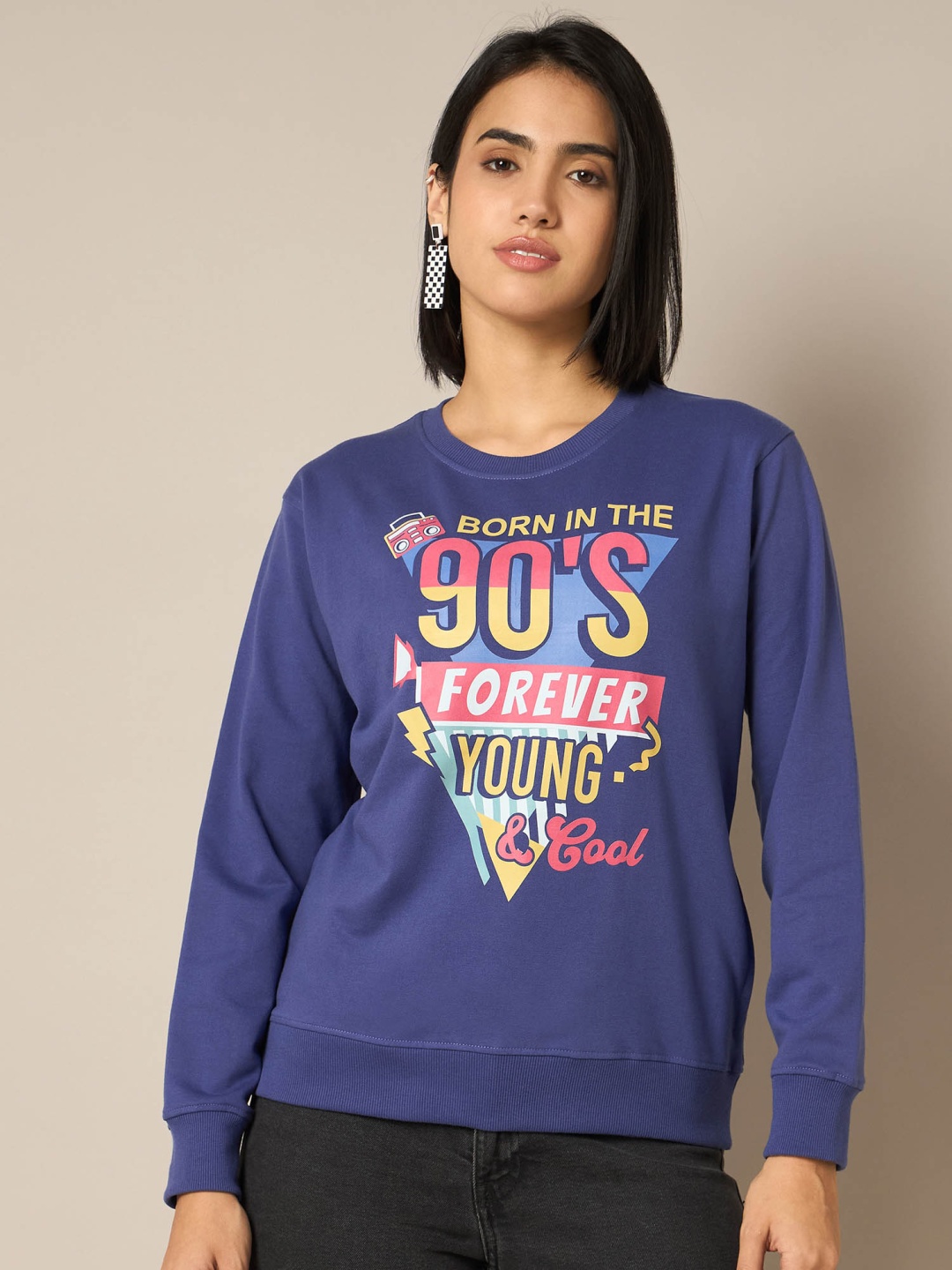 

The Roadster Lifestyle Co Women Printed Crew Neck Pullover Sweatshirt, Blue