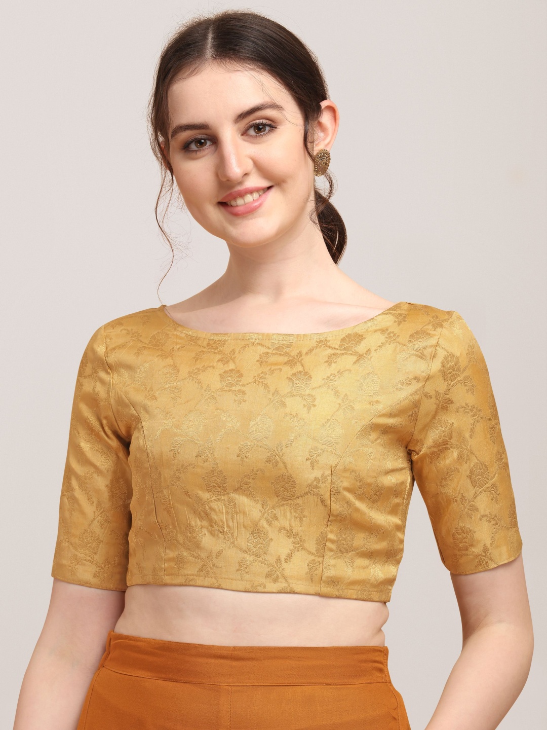 

Oomph! Woven Design Non Padded Boat Neck Saree Blouse, Gold