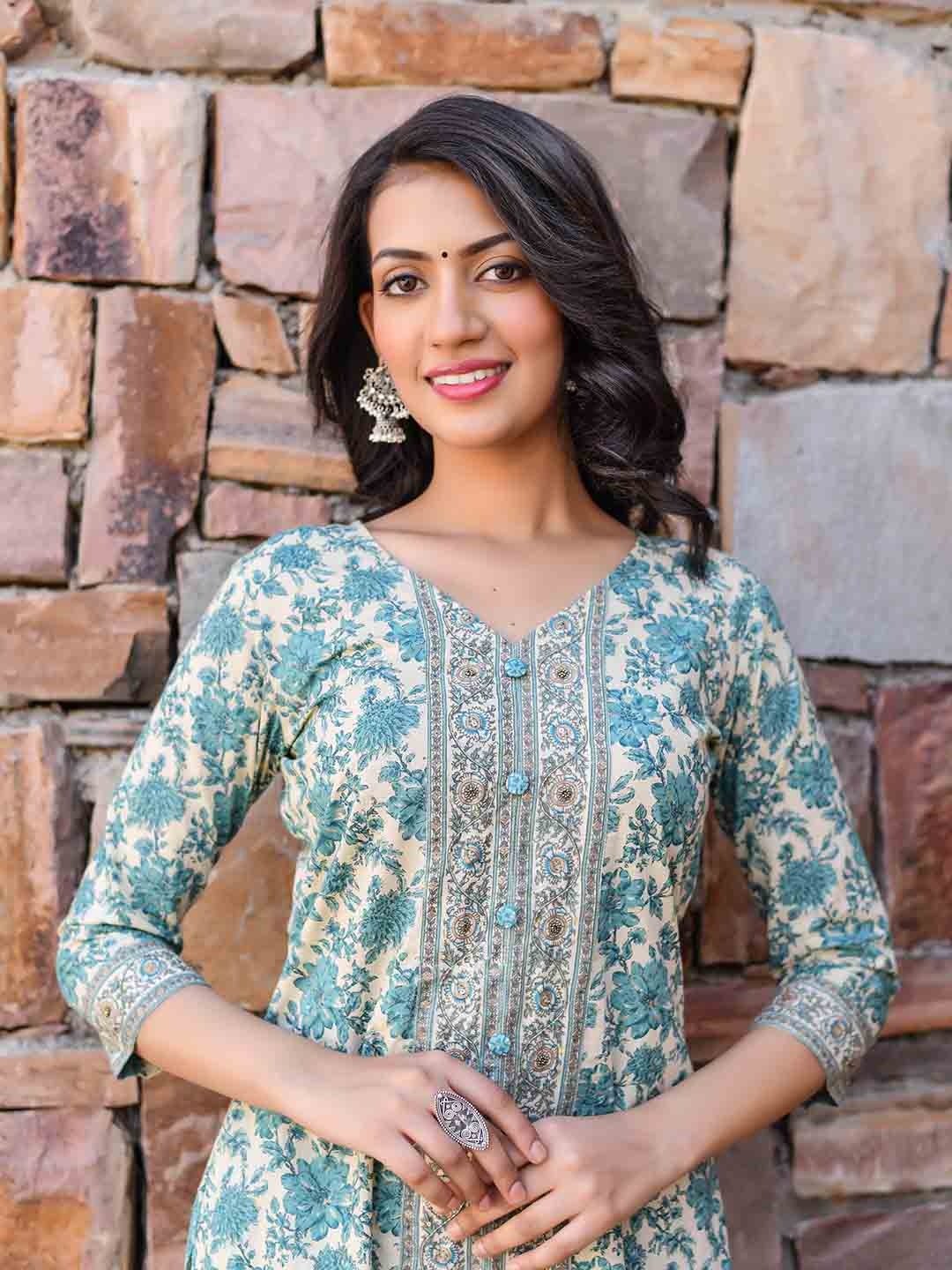 

Anastay Clothing Floral Printed Regular Pure Cotton Straight Kurta with Trousers & Dupatta, Blue