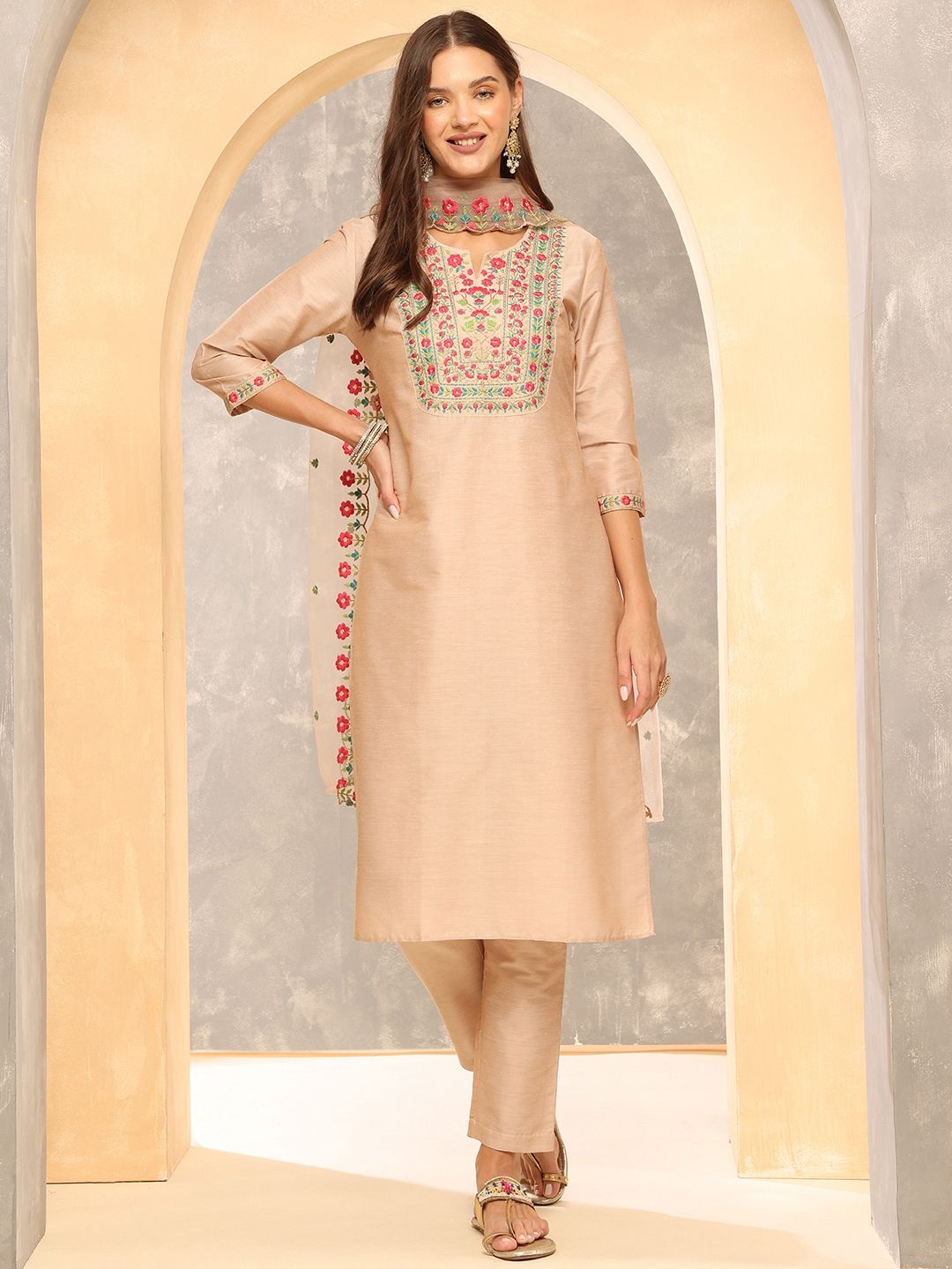 

Anouk Beige Notch-Neck Floral Embroidered Straight Kurta With Trousers And Dupatta
