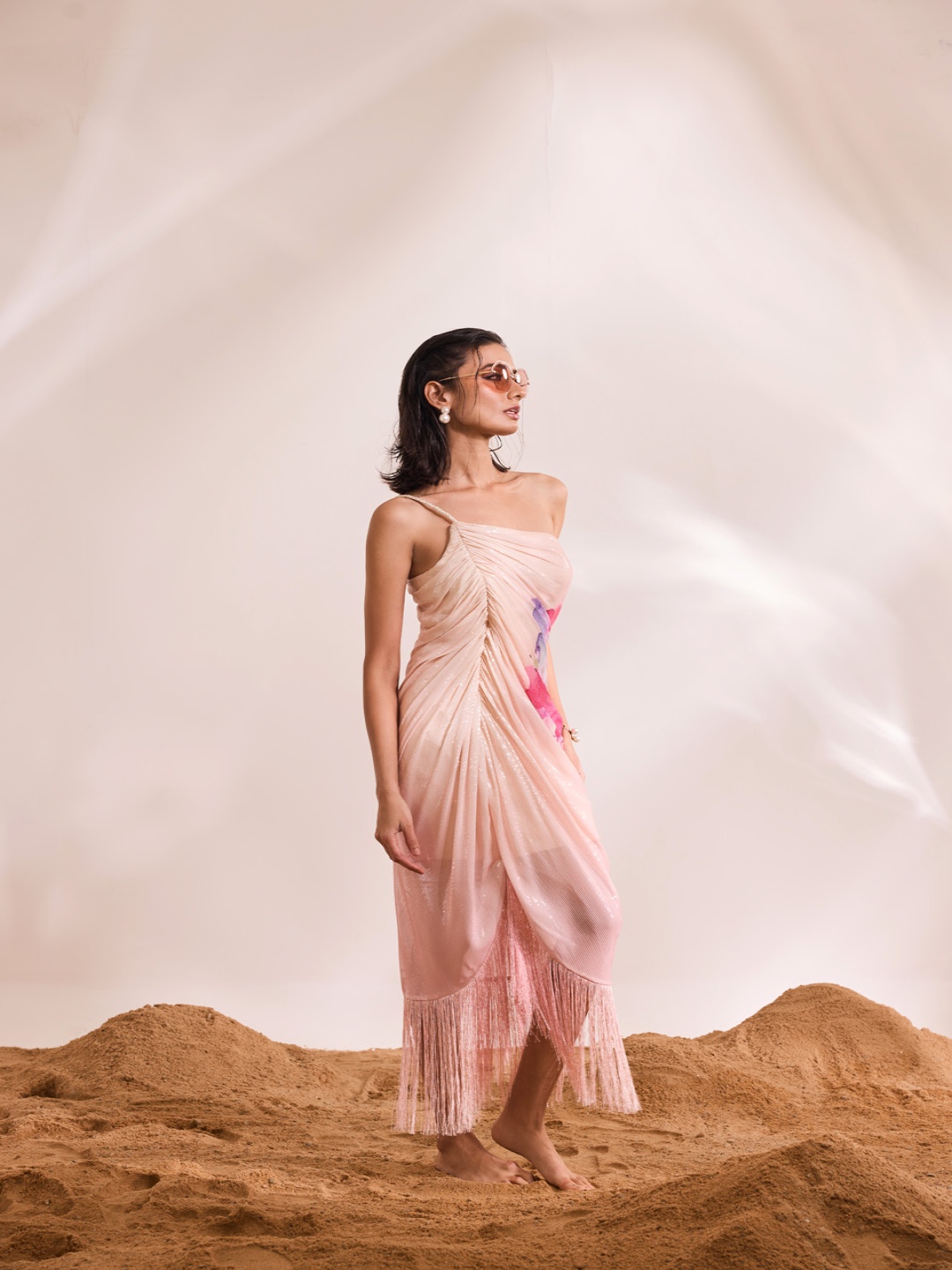 

DIVYA AGGARWAL Embellished One Shoulder Fringed Semi Sheer Sheath Maxi Dress, Pink