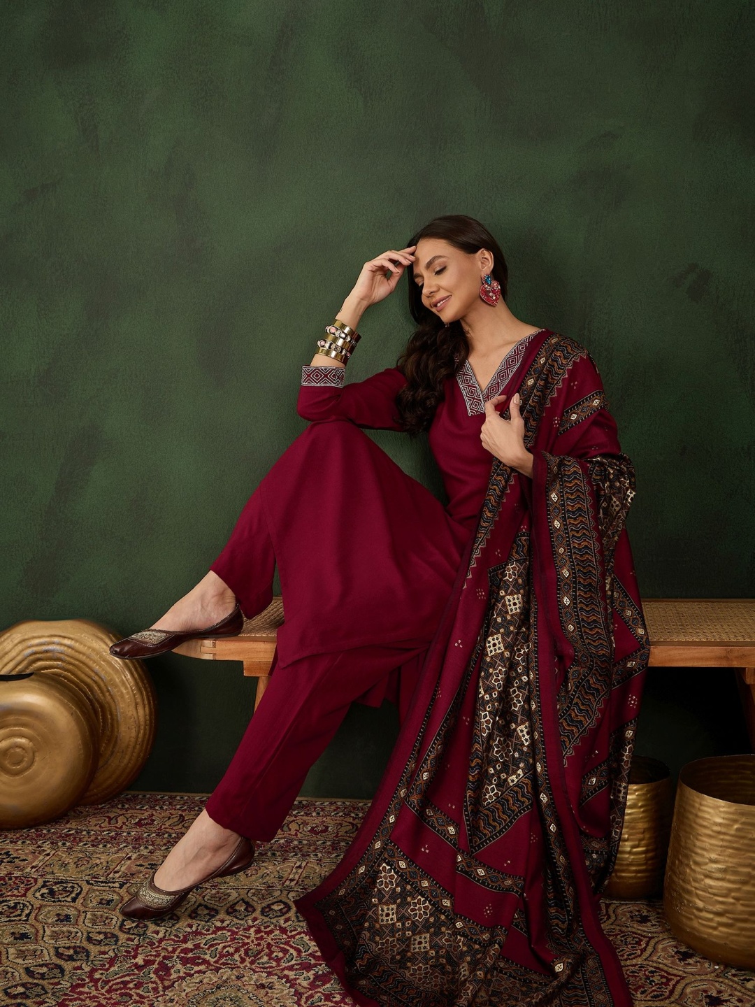 

Sangria Embroidered V-Neck Kurta With Trouser And Dupatta, Maroon