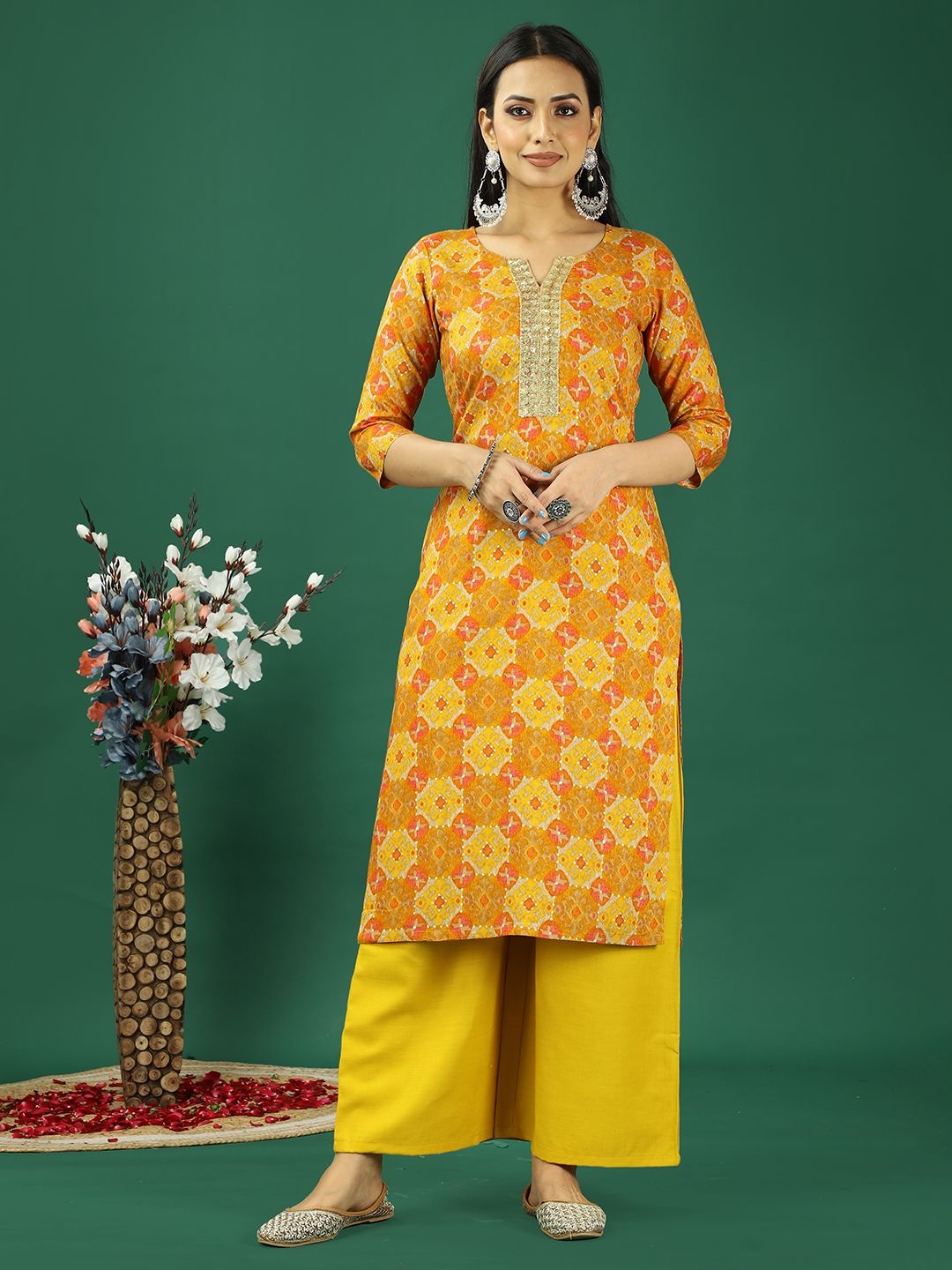 

Ethnovog Ethnic Motifs Printed Notch-Neck Sequinned Straight Kurta With Palazzo, Yellow