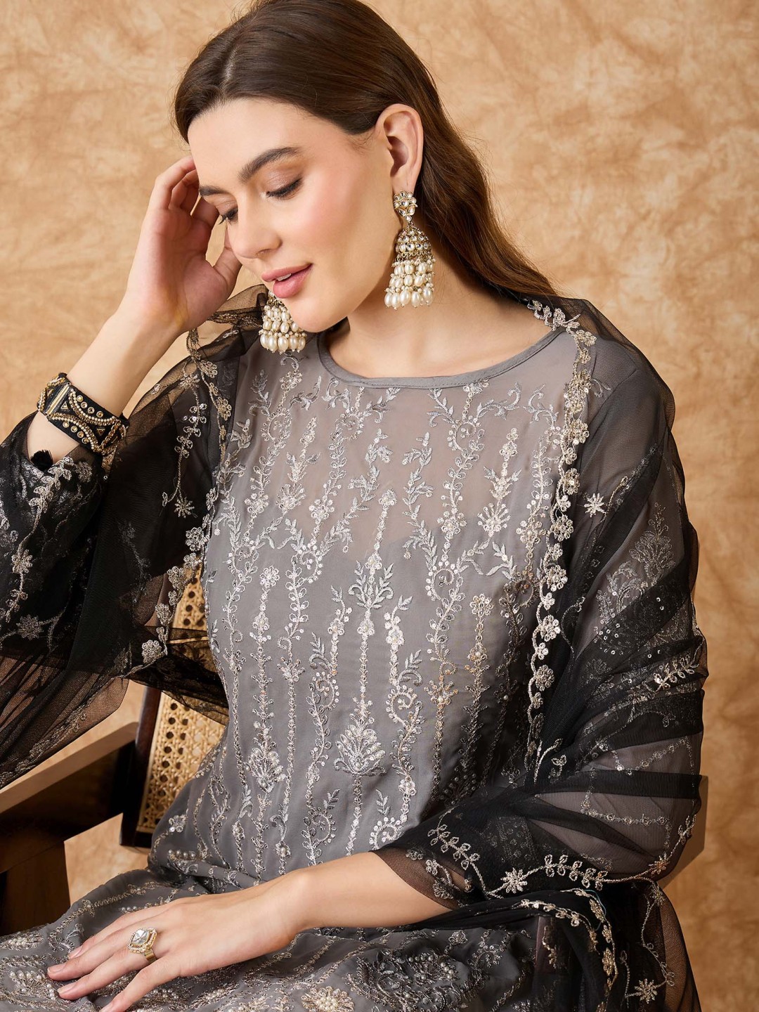 

Sangria Ethnic Motifs Embroidered Semi-Stitched Dress Material, Grey
