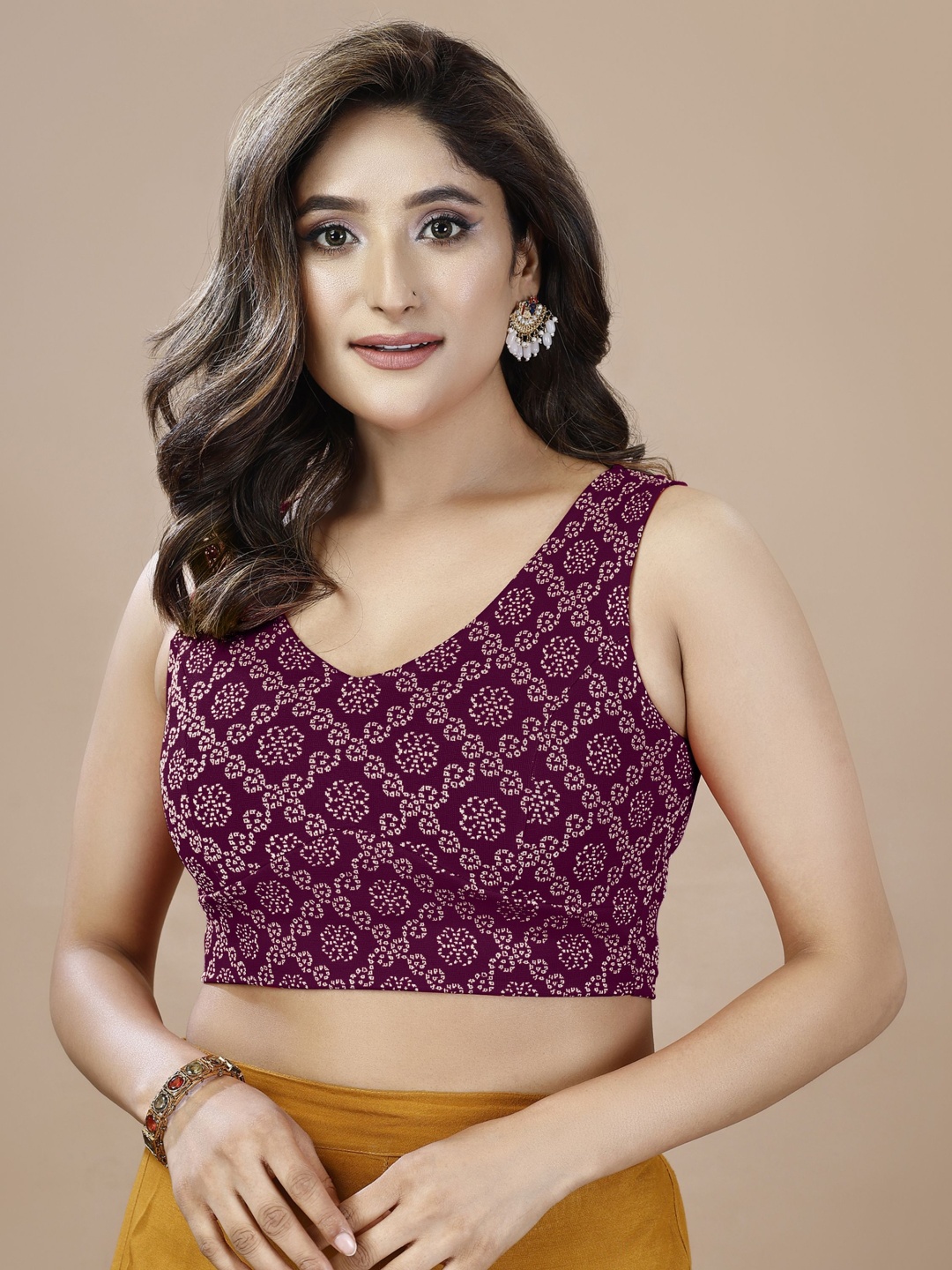 

Oomph! Printed V-Neck Sleeveless Slip-On Saree Blouse, Purple