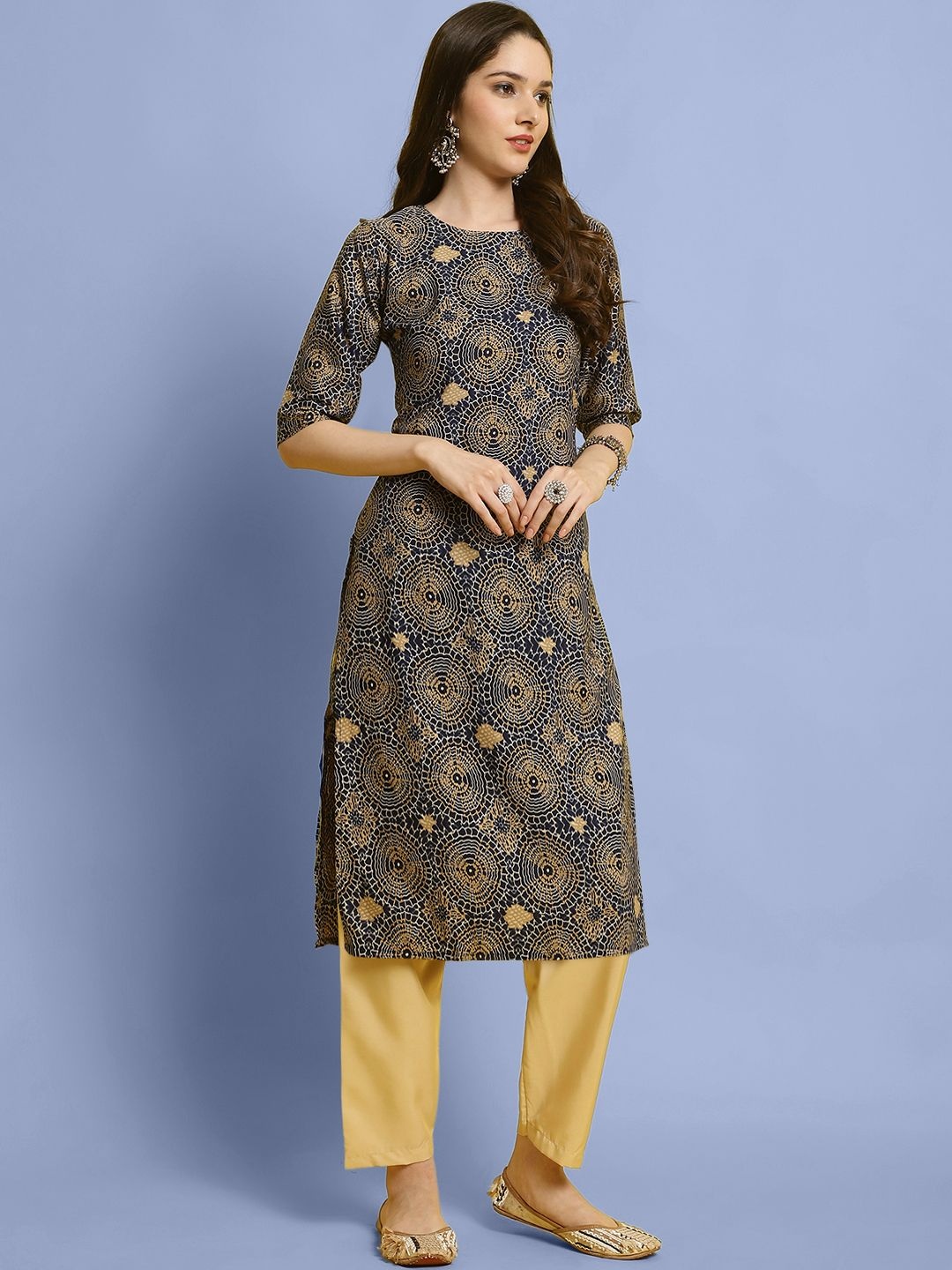 

7Threads Geometric Printed Straight Round-Neck Kurta With Trouser, Blue