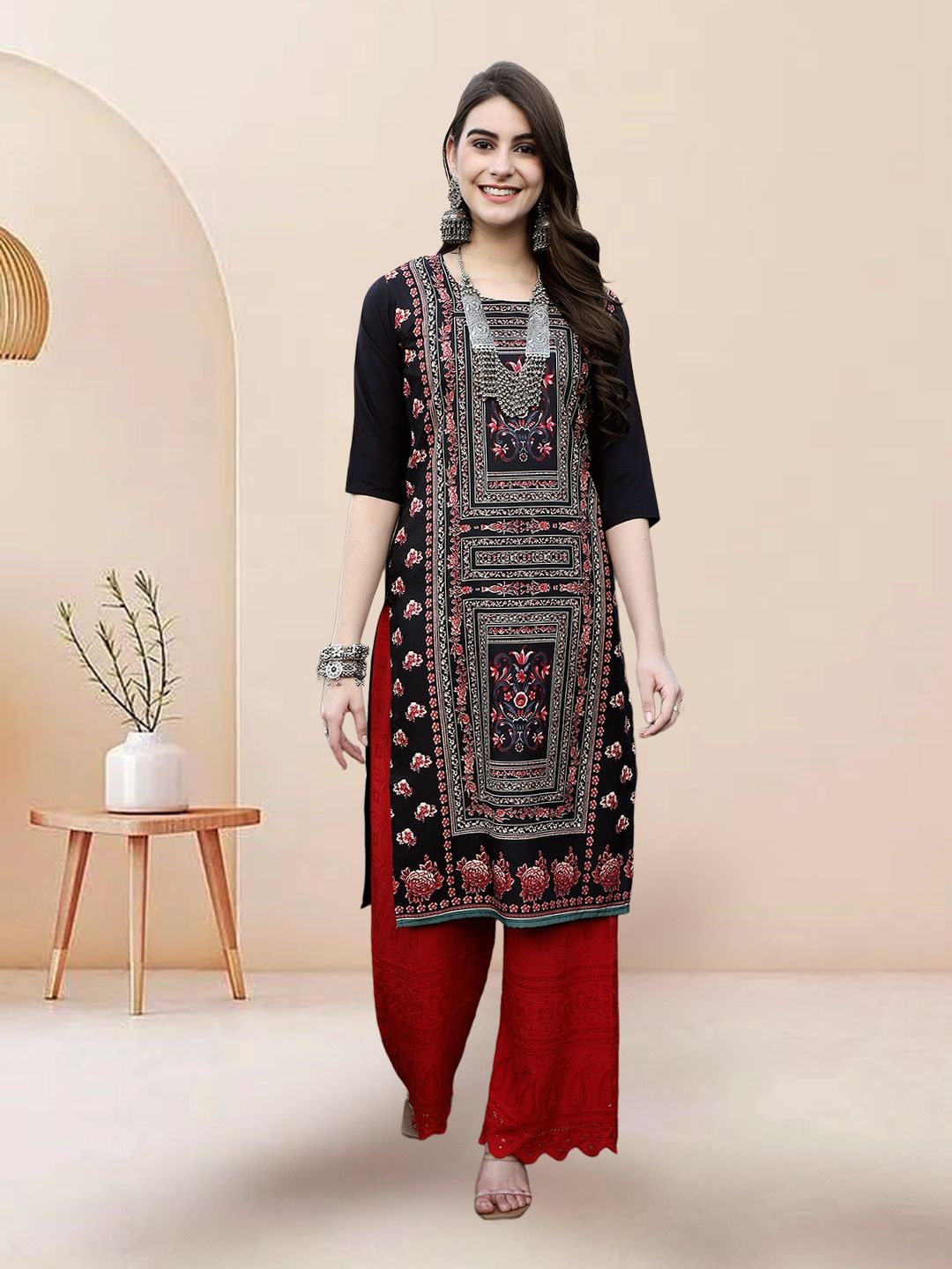 

7Threads Ethnic Motifs Printed Round Neck Straight Kurta, Black