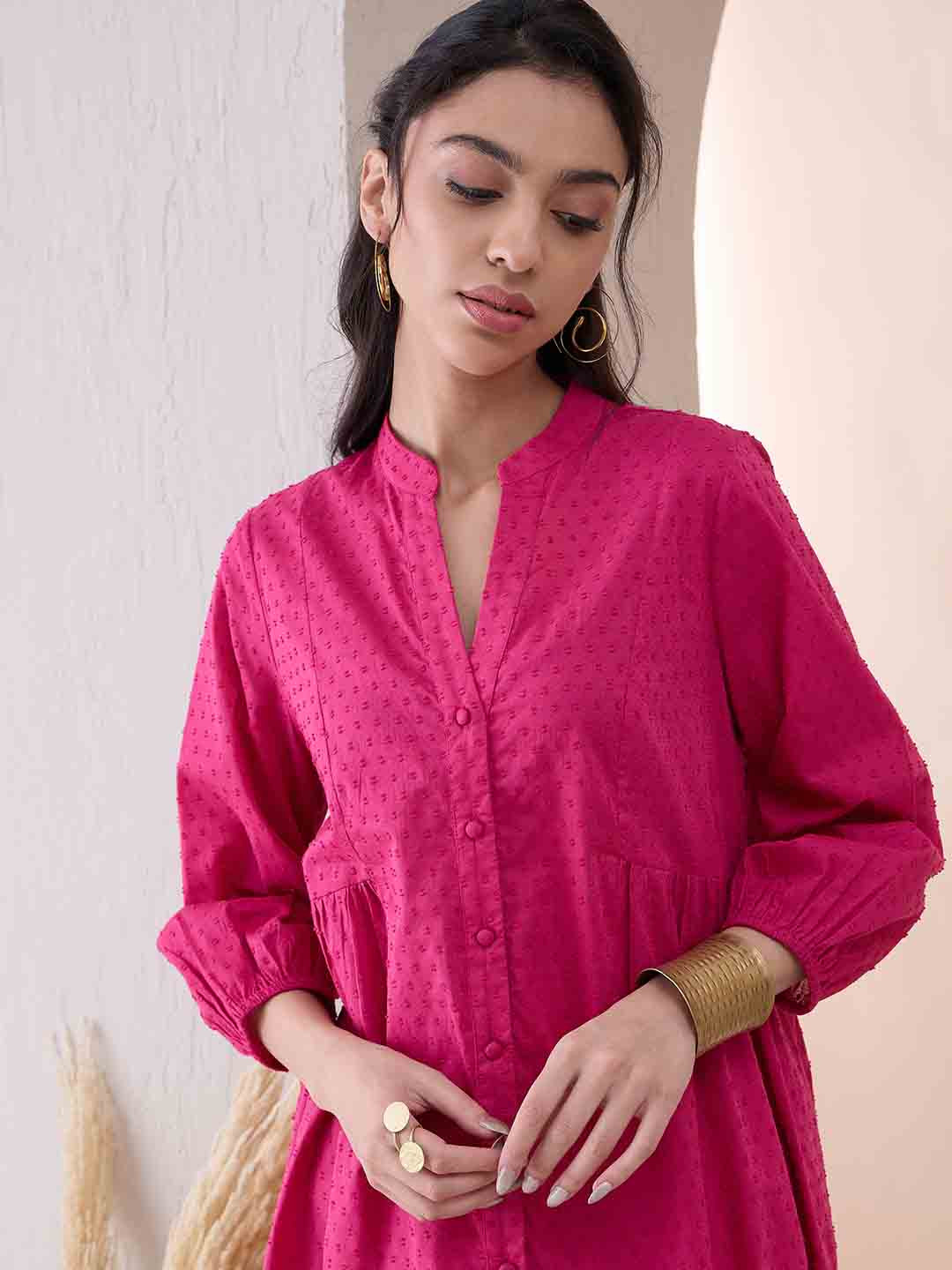 

FEMMELLA Self Design Cotton Tunic With Trousers Co-Ords, Pink
