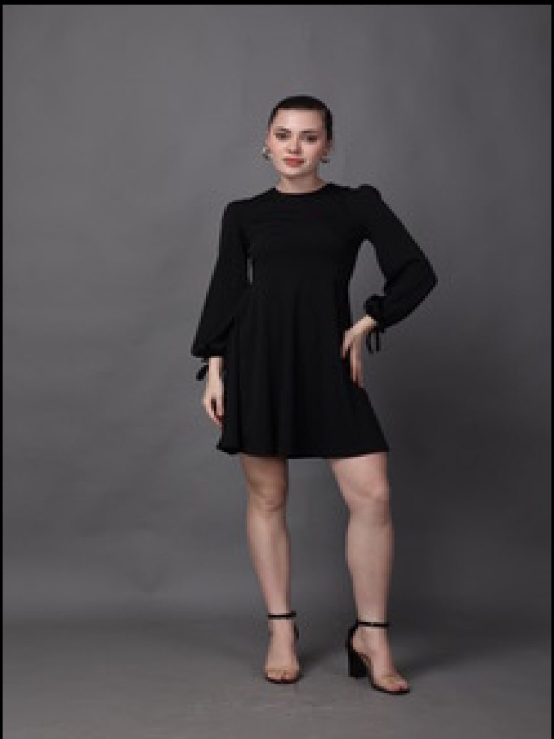 

MEEAMI FASHION Puff Sleeve A-Line Midi Dress, Black