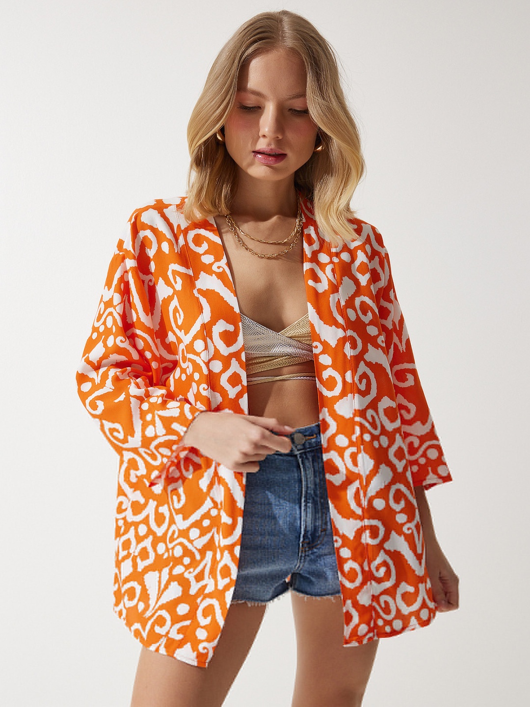 

Happiness istanbul Printed Open Front Shrug, Orange