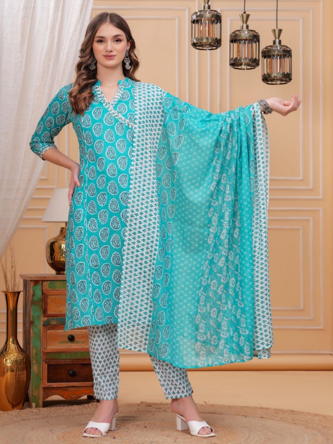 

JC4U Paisley Printed Pure Cotton Mandarin Collar Straight Kurta With Trouser And Dupatta, Blue