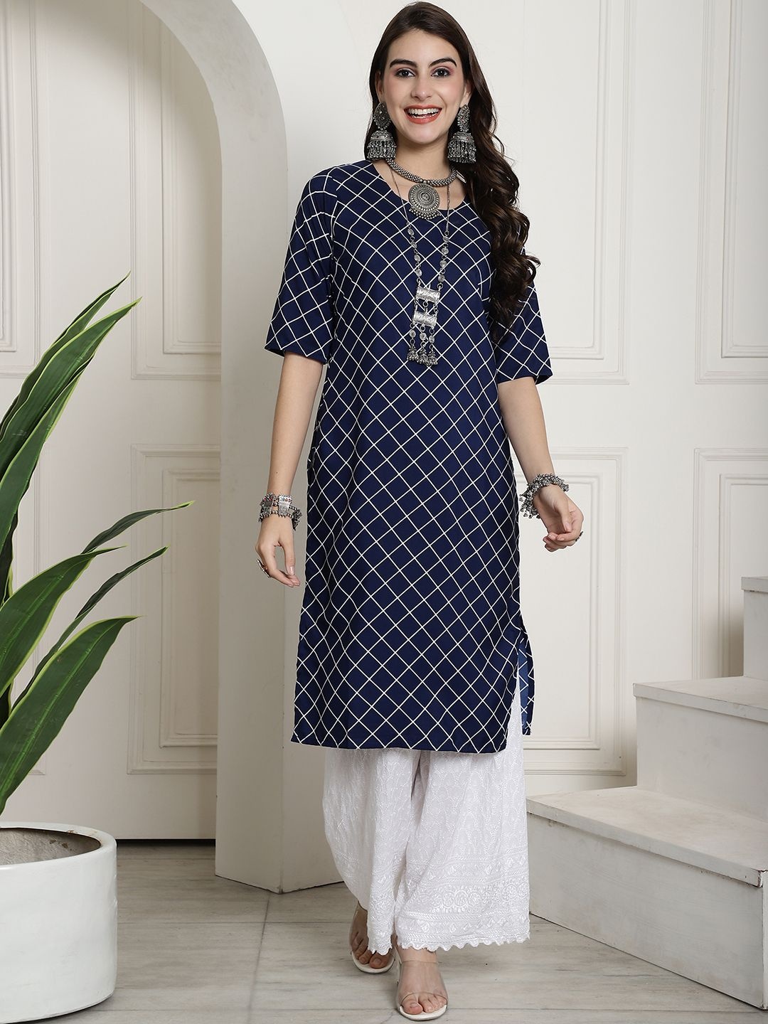 

7Threads Selection Of 6 Ethnic Motifs Printed Crepe Straight Kurtas, Navy blue