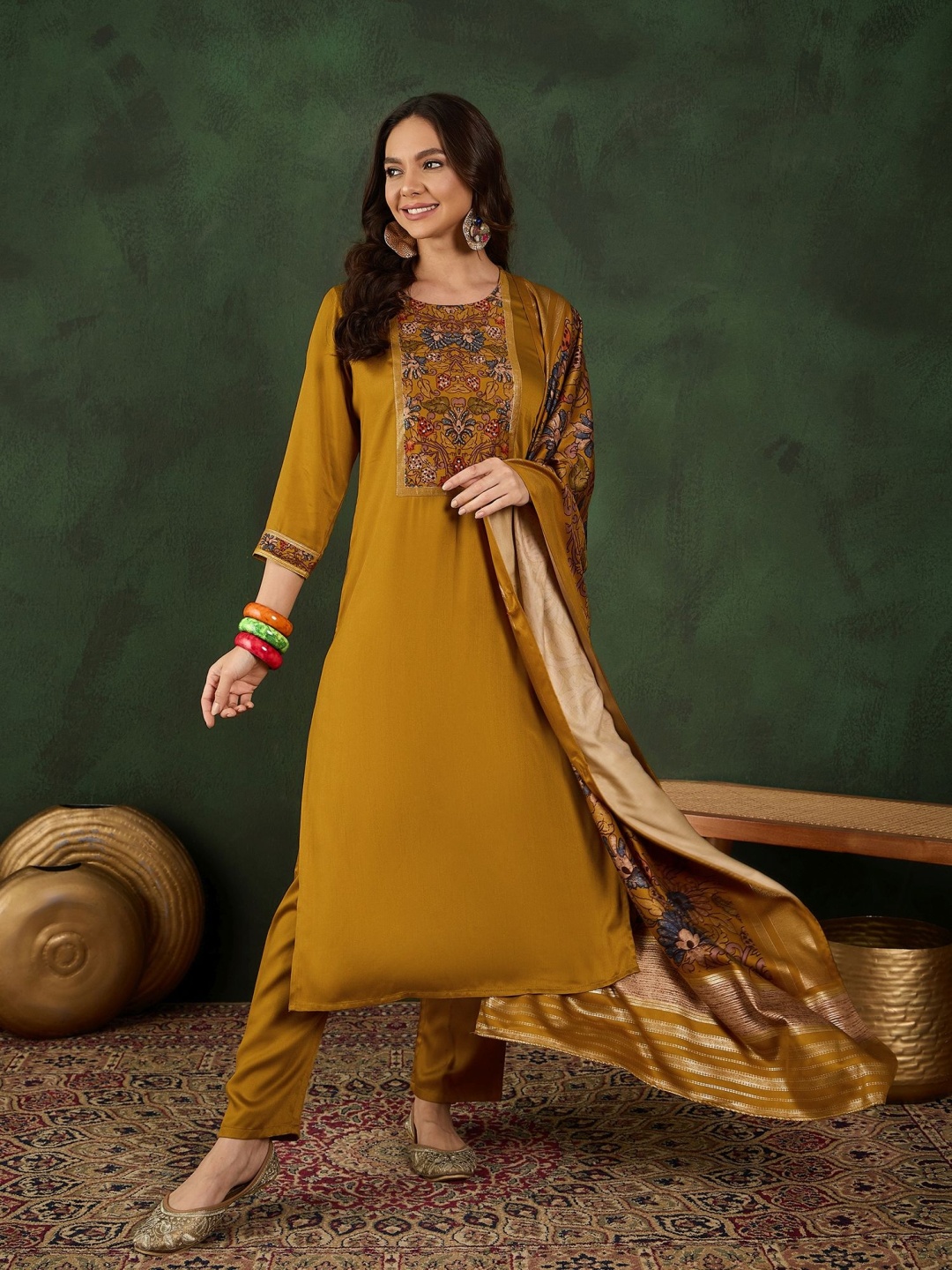 

Sangria Floral Printed Sequinned Straight Kurta With Trouser And Dupatta, Mustard